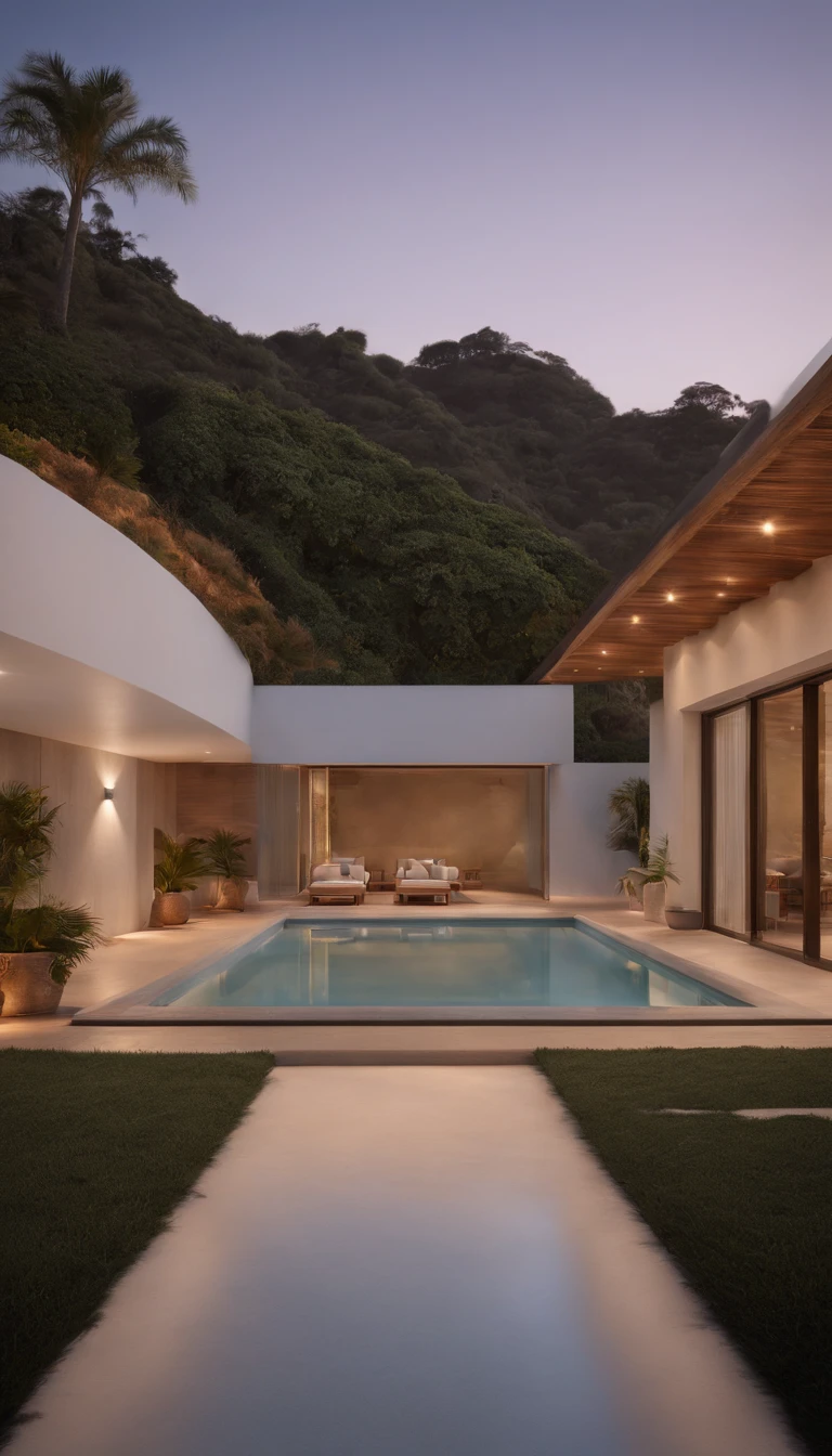 Desenvolvimento de praias, Bungalow Style on the Ground Floor, Minimalista, Detalhe de ripas de madeira, fachadas com janelas e pequenas varandas, piscina, Coqueiros, sunset lighting, imagem fotorrealista, Cinematic Ligh