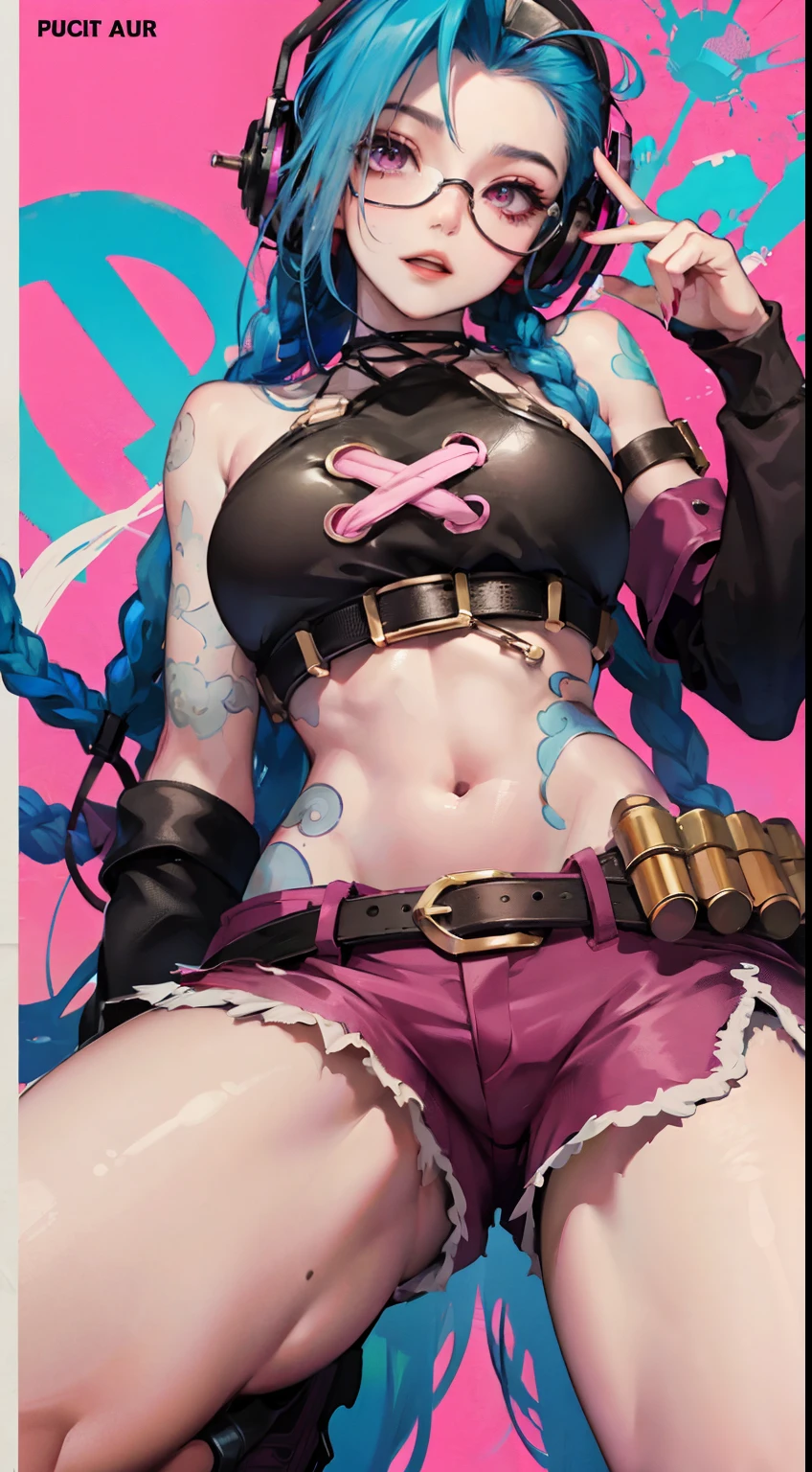 Jinx,Fleshy thighs,Poster publicity style,poster background,C cup,wears glasses,Ultra shorts,Cool expression,There are headphones around the neck