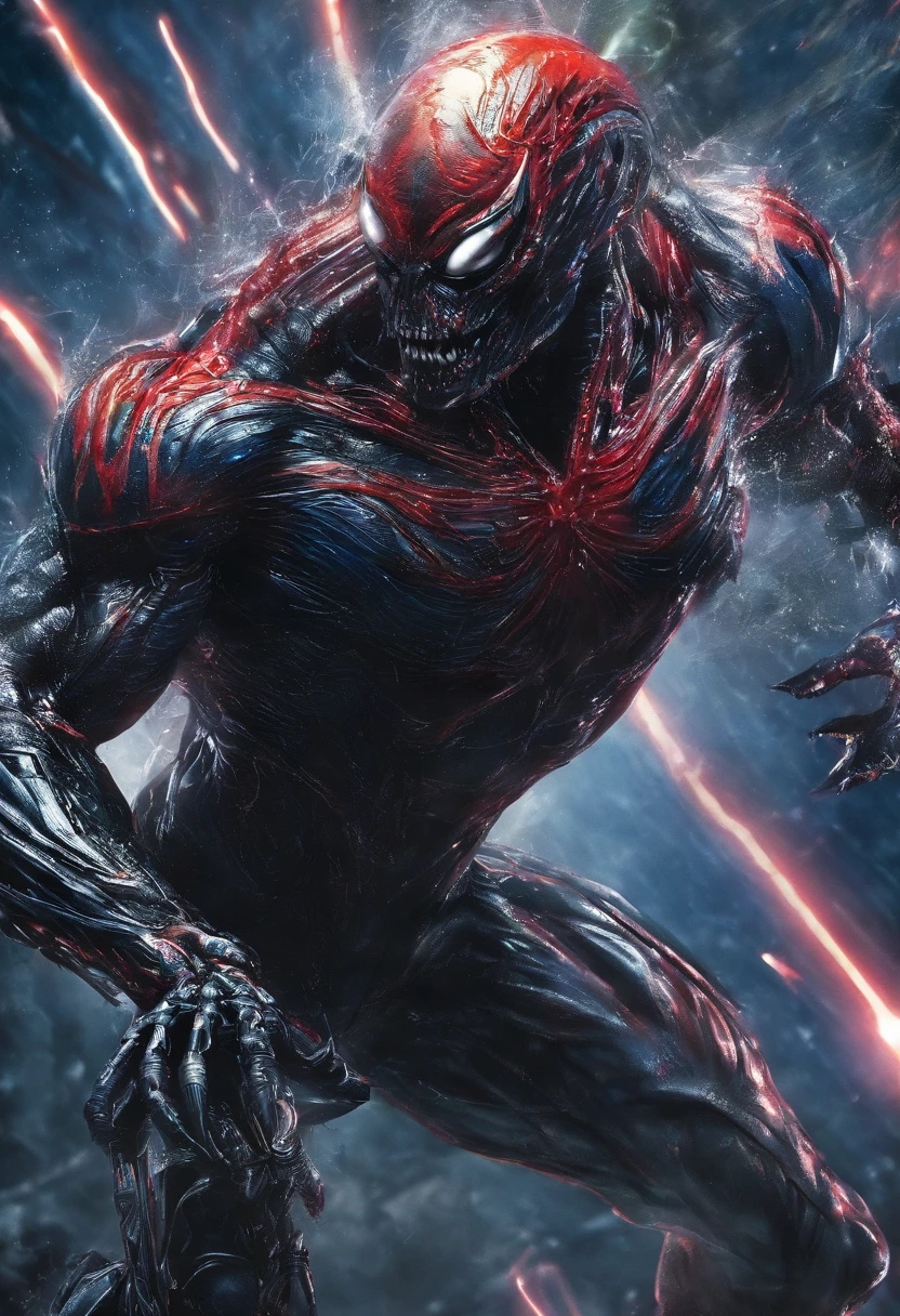 Venom binds Superman,Full body photo,Liquid armor,high - tech,Laser laser,Delicate picture