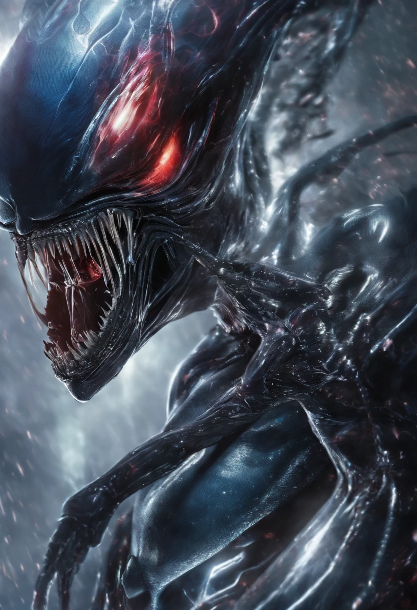 Venom binds Superman，Full body photo，Liquid armor，high - tech，Laser laser，Delicate picture