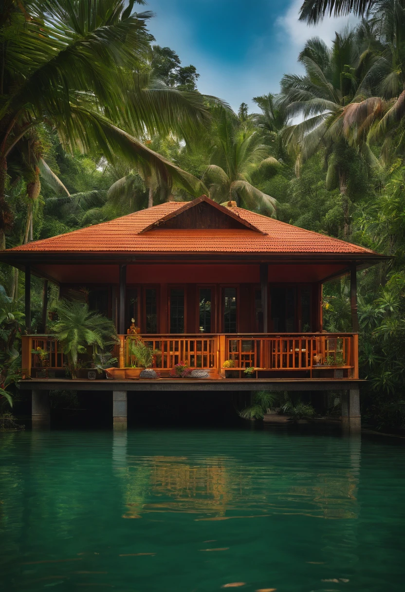 Single-family duplex house next to water bodies and forests in tropical climates