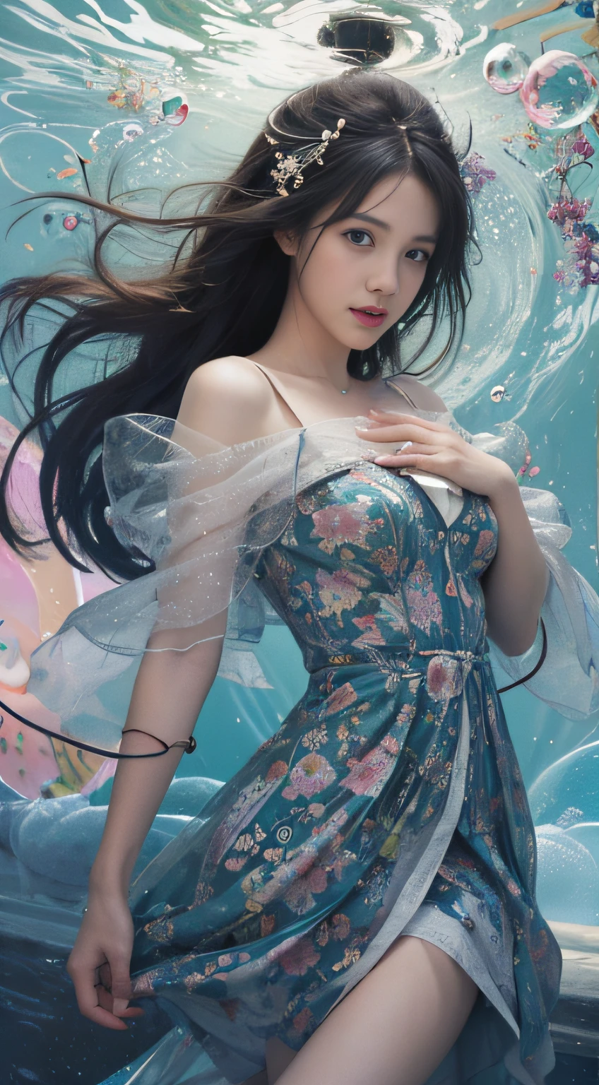 Woman in dress floating in bubble water, expressing joy. Krentz Kusaud, detailed digital anime art, clean detailed anime art, Makoto Hayes Cyril Rolando, detailed anime artwork, beautiful anime artwork, Beautiful illustration for decoration, Makoto Shinkai and Art Germ, Yumi, makoto sinkai. high detail