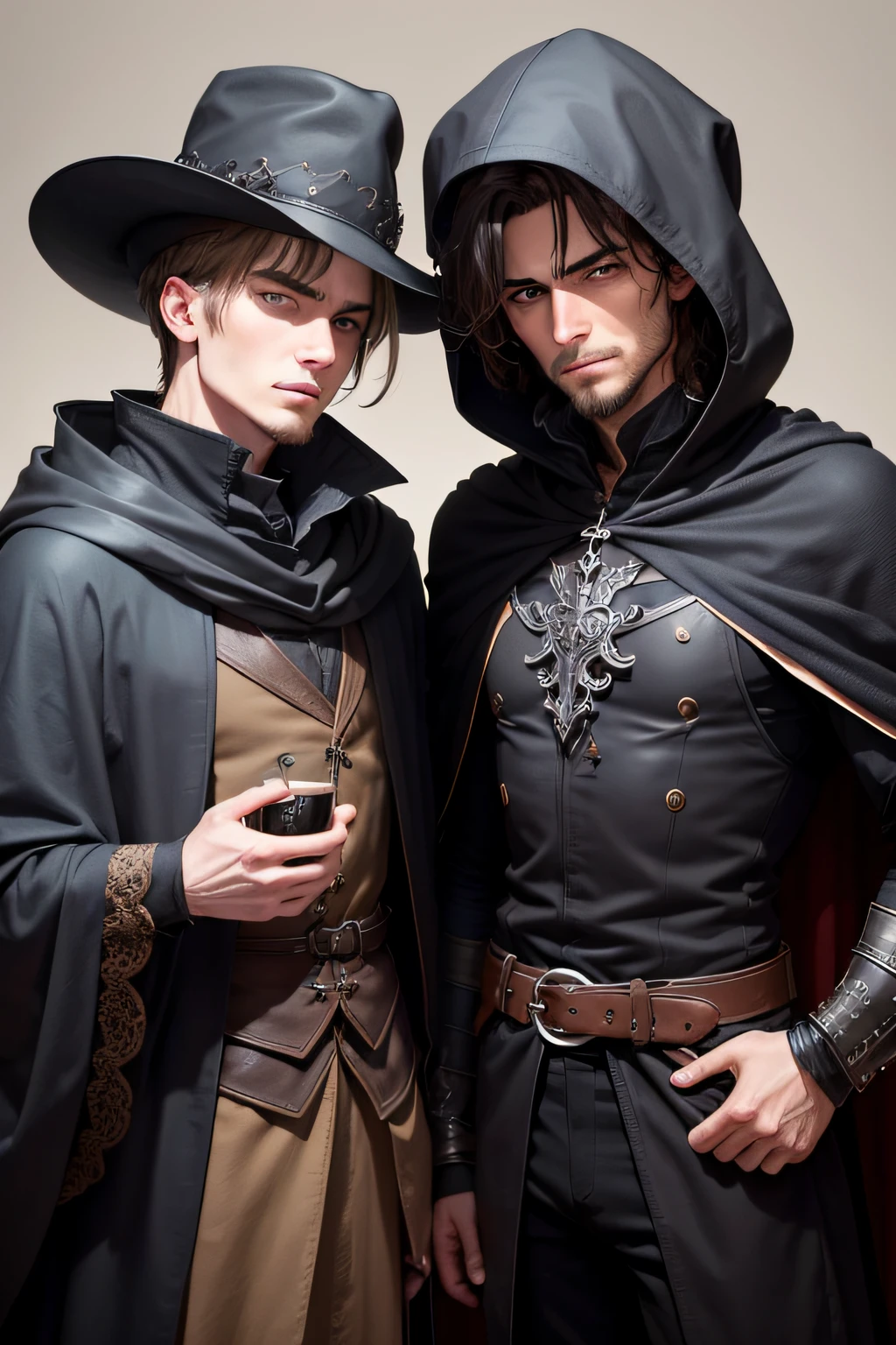 Zwei Buchcharaktere, die nebeneinanderstehen. One wears a hood and looks at the other somewhat mysteriously. He is older and good-looking. Er hat schwarze Haare und blaue stechende Augen. He wears a black cloak. The other man is a little younger and smaller, but just as good-looking. He has brown short hair and is very thin. He wears the clothes of a gravedigger of the 17th century. Jahrhunderts. So rather shabby. Aber er sieht gut aus. Er schaut ernst drein.