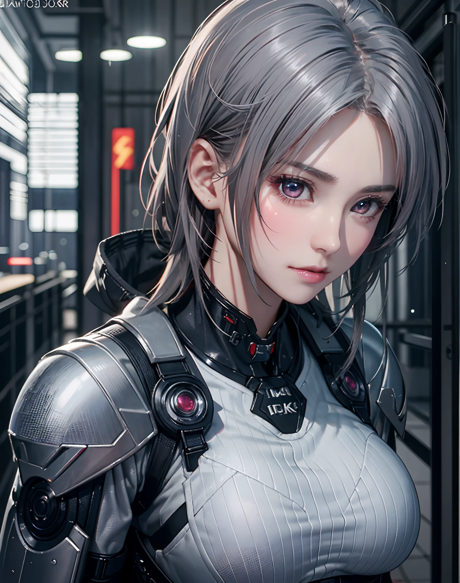(8K, Photorealistic, Raw photo, of the highest quality: 1.3), (1girl in), Super beautiful, (Realistic face), (boyish, Silver Color Berry Shorthair), Beautiful cyberpunk suit, Glare that captivates the viewer, Beautiful expression, Beautiful breasts, (Realistic skin), Beautiful...