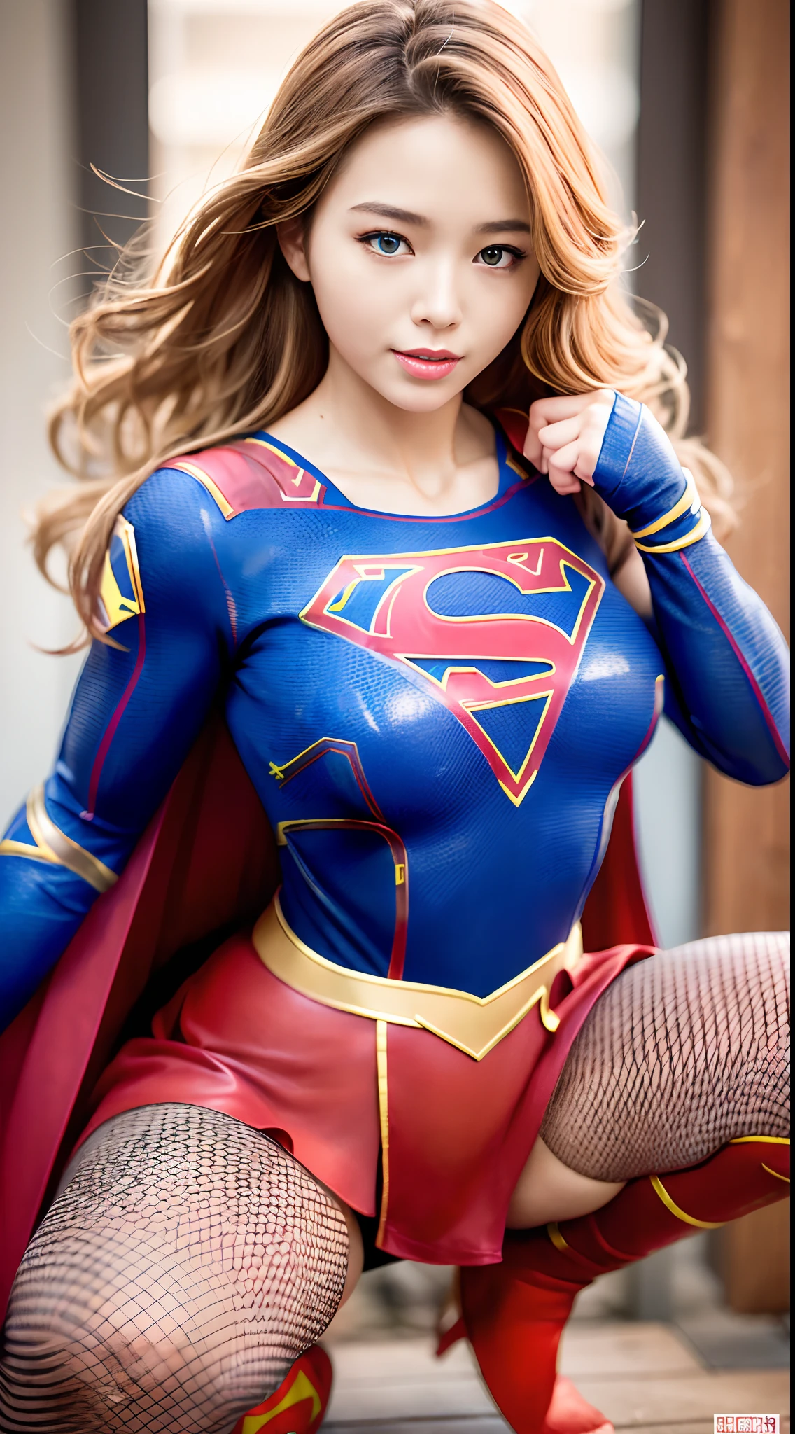 she is super girl、(((Wearing a Supergirl costume dress)))、(((Squat and spread your legs in an M-shape)))、It's her favorite pose、On the other hand、Those who have a strong sense of justice and courage、Protecting the Peace of the Earth、、(((pantie shot)))、 hiquality、8K、An ultra-high picture quality、((Ultra Reality))、 A hyper-realistic、masutepiece, 1girl in, reallistic、skins、Texture、Looking at Viewer、Korean actress、 dual、Blonde wavy long hair、(((Blue eyes)))、(A smile)、red-lips、highlydetailed skin、Highly detailed lighting、The body faces the viewer in front of you