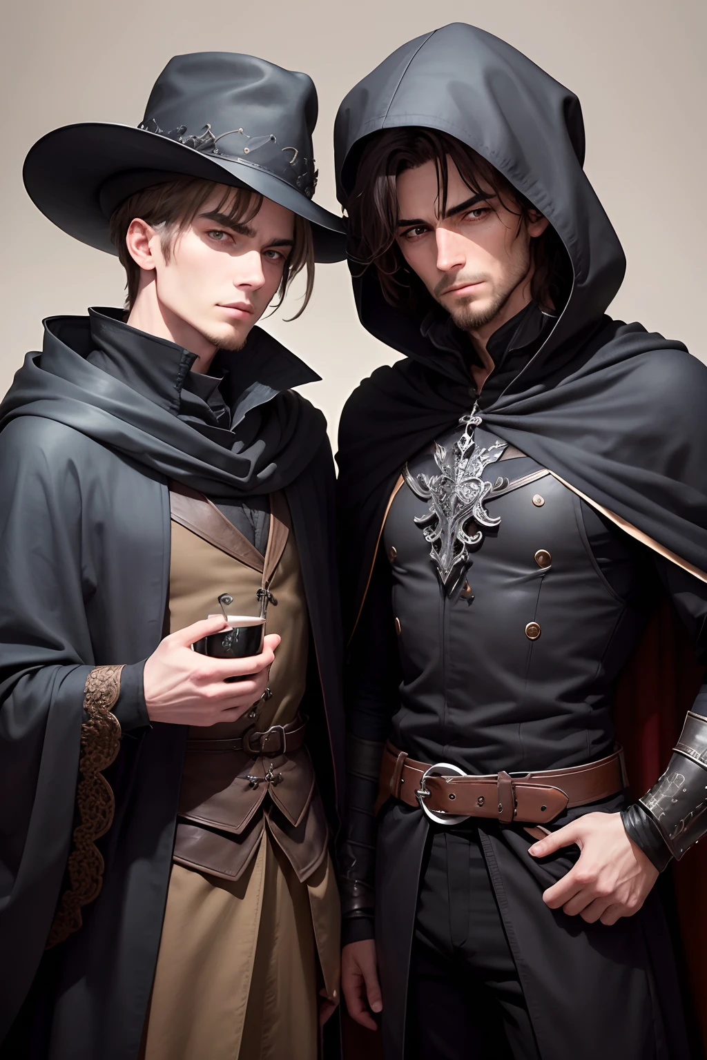 Zwei Buchcharaktere, die nebeneinanderstehen. One wears a hood and looks at the other somewhat mysteriously. He is older and good-looking. Er hat schwarze Haare und blaue stechende Augen. He wears a black cloak. The other man is a little younger and smaller, but just as good-looking. He has brown short hair and is very thin. He wears the clothes of a gravedigger of the 17th century. Jahrhunderts. So rather shabby. Aber er sieht gut aus. Er schaut ernst drein.