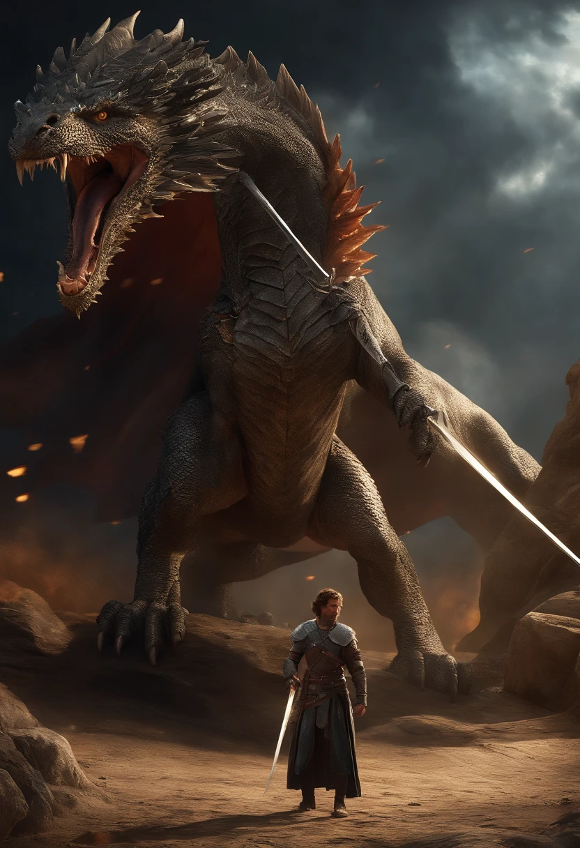 (a detailed, epic, and tense battle scene unfolds. A brave warrior, accompanied by a Bedlington terrier, wields a magic sword, engaging in a fierce combat with a powerful dragon. The scene is filled with awe-inspiring, high-quality visual effects, bringing the fantasy world to life. The fantastical atmosphere is enhanced by vibrant colors and dramatic lighting, creating a sense of wonder and adventure.)