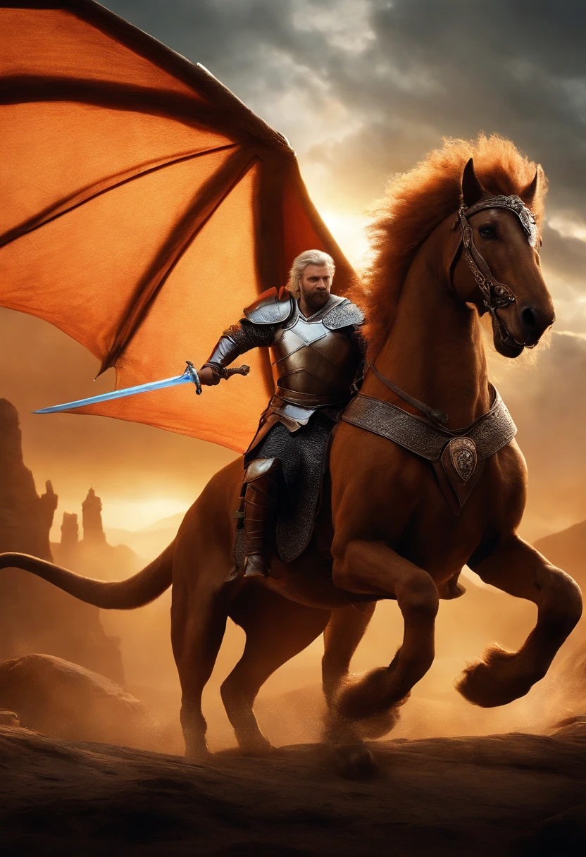 (a detailed, epic, and tense battle scene unfolds. A brave warrior, accompanied by a Bedlington terrier, wields a magic sword, engaging in a fierce combat with a powerful dragon. The scene is filled with awe-inspiring, high-quality visual effects, bringing the fantasy world to life. The fantastical atmosphere is enhanced by vibrant colors and dramatic lighting, creating a sense of wonder and adventure.)
