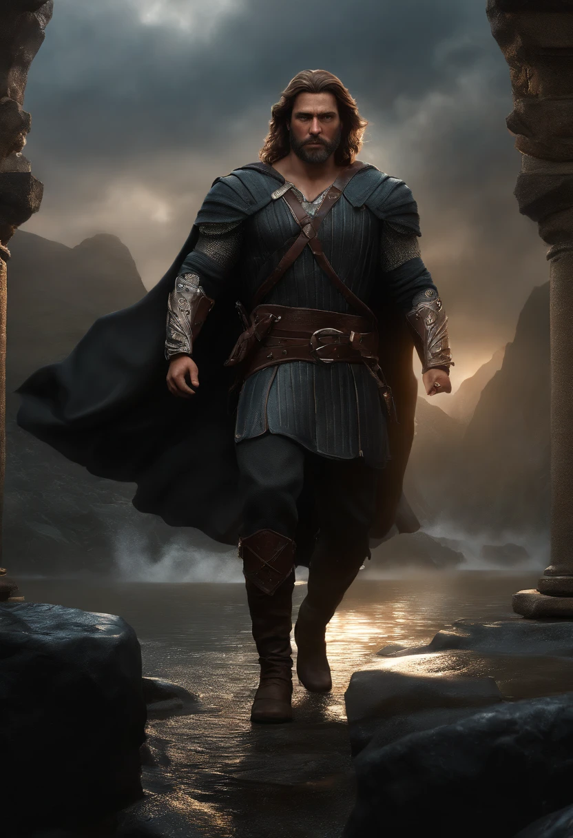 (Rehearse 3D rendering:1.3) af (Realistic:1.3) The most beautiful artwork in the world with a picture of a soft and shiny male hero, ((Epic heroic fantasy, muscle men, Wet Hero, angry look, Has long hair and a short beard, and the ferocious gaze of dynamic poses, Fantastic location, Majestic and cluttered environment)), Full body 8K unit rendering, action  shot, skin pore, very dark lighting, heavy shadow, A detailed, Detal Face, (vibration, photograph of-realistic, Realistic, Dramatic, darkly, foco nítido, 8K), (Damaged old leather clothing is damaged:1.4), ((((Use skins)))), (复杂:1.4), decadent, (highly  detailed:1.4), digitial painting, octan render, art  stations, concept-art, Liso, foco nítido, illustration, Art germ, (loish:0.23), wlop ilya kuvshinov, e Greg Rutkowski e Alphonse Mucha Gracias, (global ilumination, studiolight, volumettic light), very heavy rain, Floating particles, lotr, fanciful, biz, full bodyesbian, ((Dark and ancient city background:1.3)),CGSetnation,art  stations