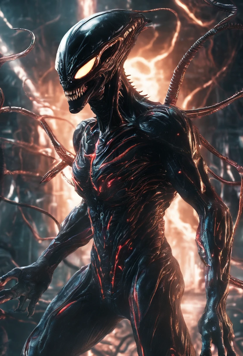 Venom possesses the Flash，Full body photo，Liquid armor，high - tech，Laser laser，Delicate picture