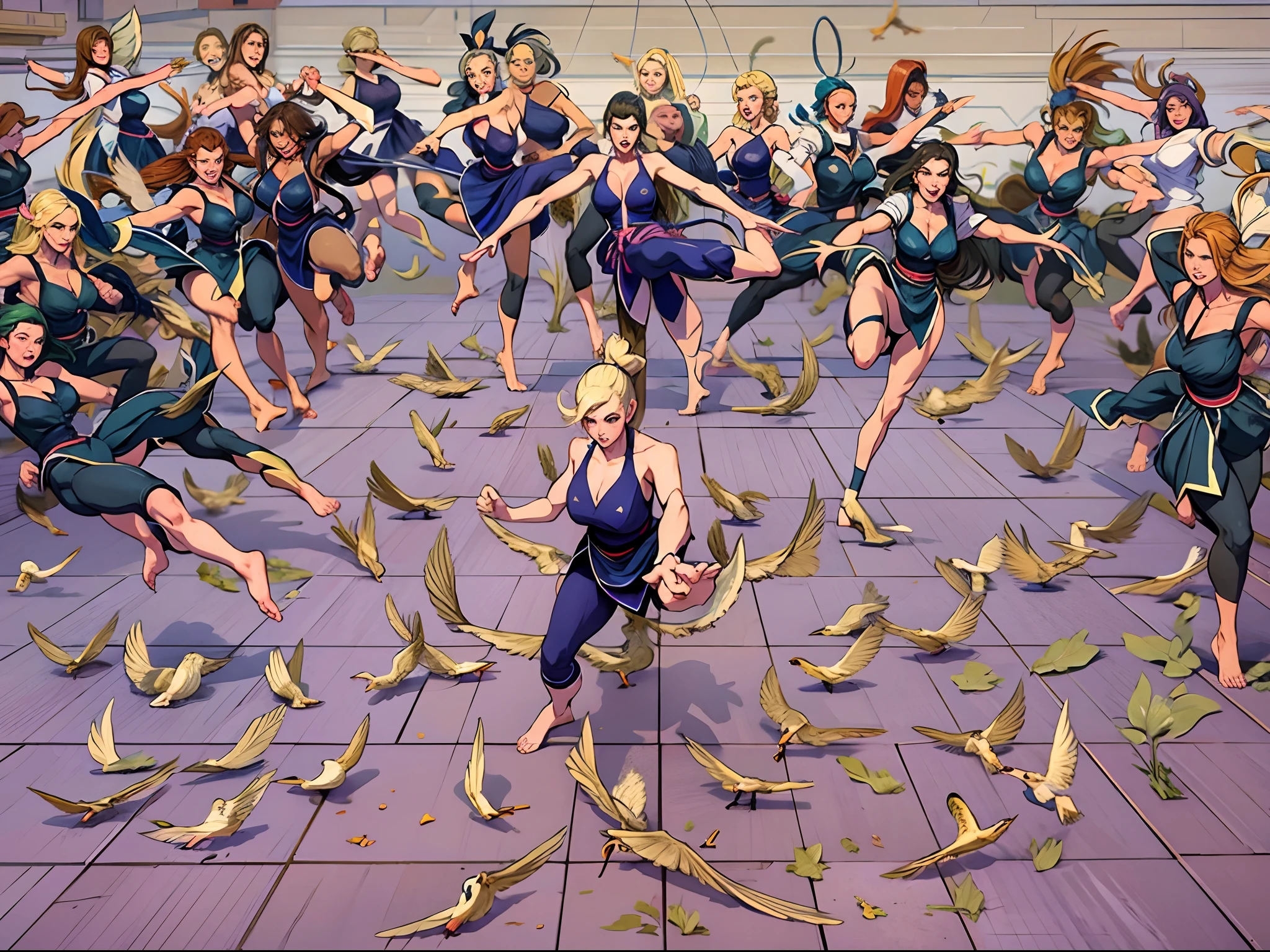 Large numbers of women spinning bird kicks