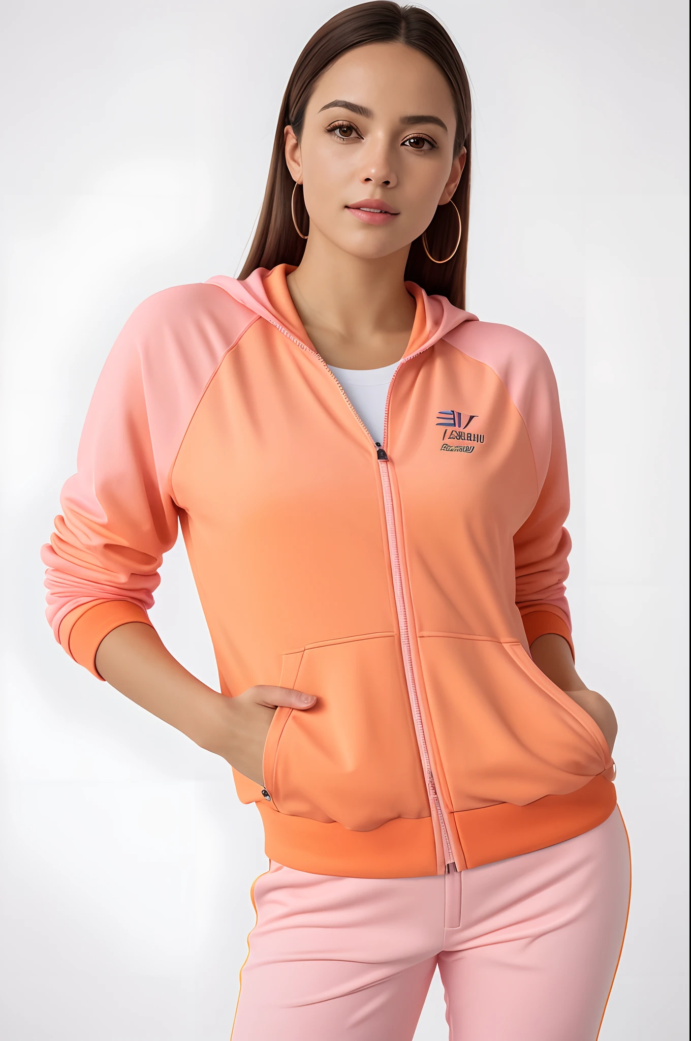 a woman in a pink jacket and pink pants posing for a photo, jaqueta laranja, Hodie Mihi Cras Tibi, suit jacket, roupas esportivas, jaqueta esportiva, roupas esportivas, gradiente laranja, Capuz laranja, roupas esportivas fofas, Splendid, wearing a track suit, vestindo terno de atletismo, agasalho esportivo, gradiente laranja, stunning gradient colors, 4 0 9 6, peach blossom, fotografia realista, fotografia, obra-prima, realista, Realismo, renderizado, Alto contraste, Arte Digital, fotográficorealista, trend in Artstation 8k HD, high definiton, circunstanciado, Realistic, detalhada, textura da pele, hiperdetalhada, Textura realista da pele, melhor qualidade, ultra high-resolution, (fotografia realista: 1.4), alta resolução, detalhada, fotografia crua, sharp resolution, Nikon D850 filmes, fotografia de stock 4, Kodak Portra 400 Camera F1 Lens.6, textura hiper realista, lighting dramatic, Unrealistic trend in Artstation Cinestill 800, ...RAW.