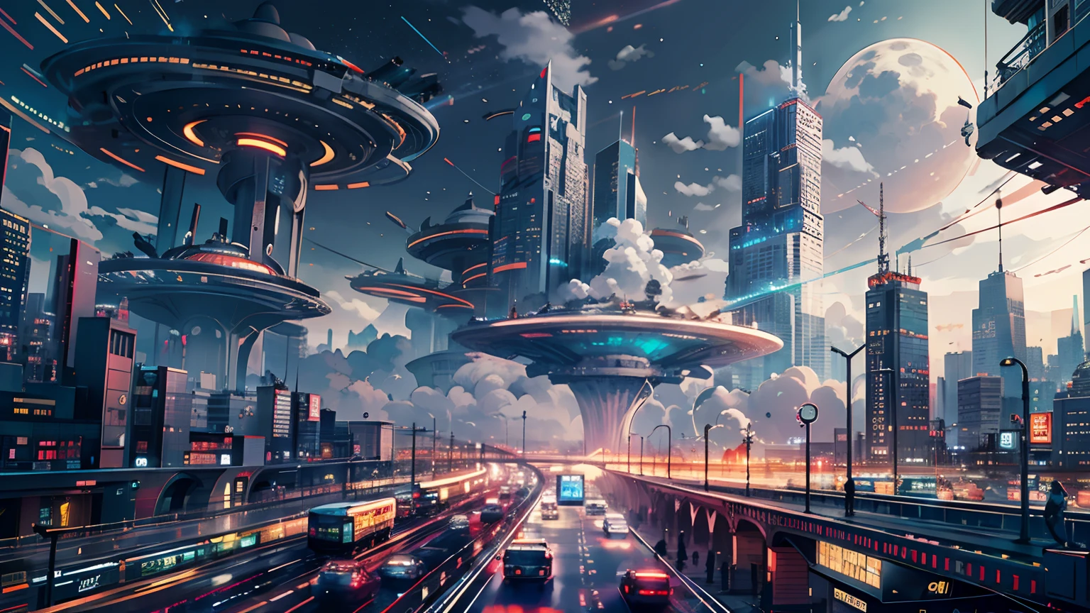 Very large spaceship、Lots of clouds,Heavy fog、starrysky、Moon,The chaotic city of the future、Movie dystopia、A group of very tall skyscrapers stands in the center、Very complex cityscape,Crowded Chinese skyscrapers、Signs、the street lights、taxis、the bus、Train、Fairly dim lighting、The Dark Road、Puddles、chaos、Beautiful and fantastic scenery、cinematic scenery、high high quality、masutepiece,8K、A high resolution、