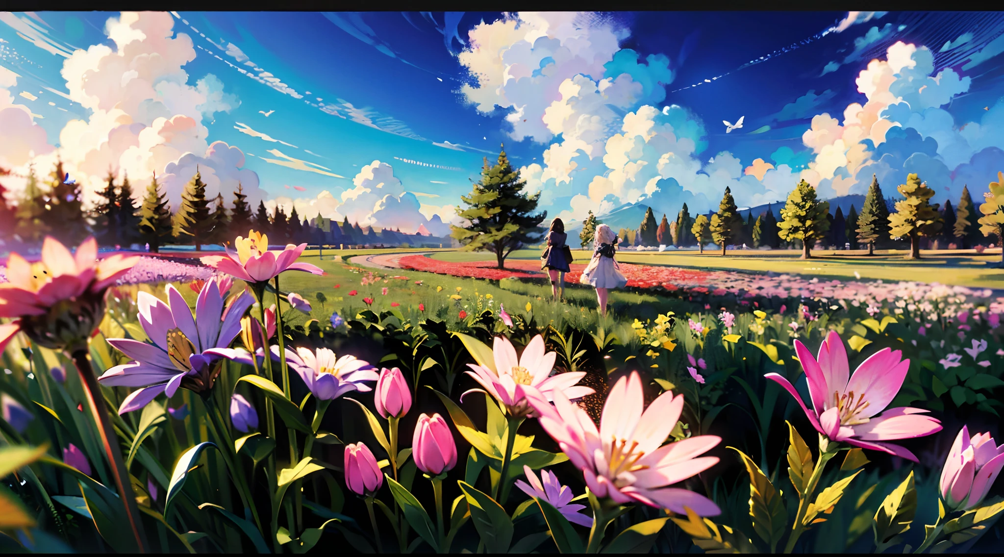 (Mono Color:0.9),(a color:1.1),(tmasterpiece:1,2), best qualtiy, tmasterpiece, High- sharpness, Original, extremelydetailedwallpaper,From the picture, We can see the trees on the shore towering into the clouds,The branches are full of flowers,Flocks of butterflies dance among the flowers,In this garden-like world,It looks even more beautiful and sacred,cinema shot
