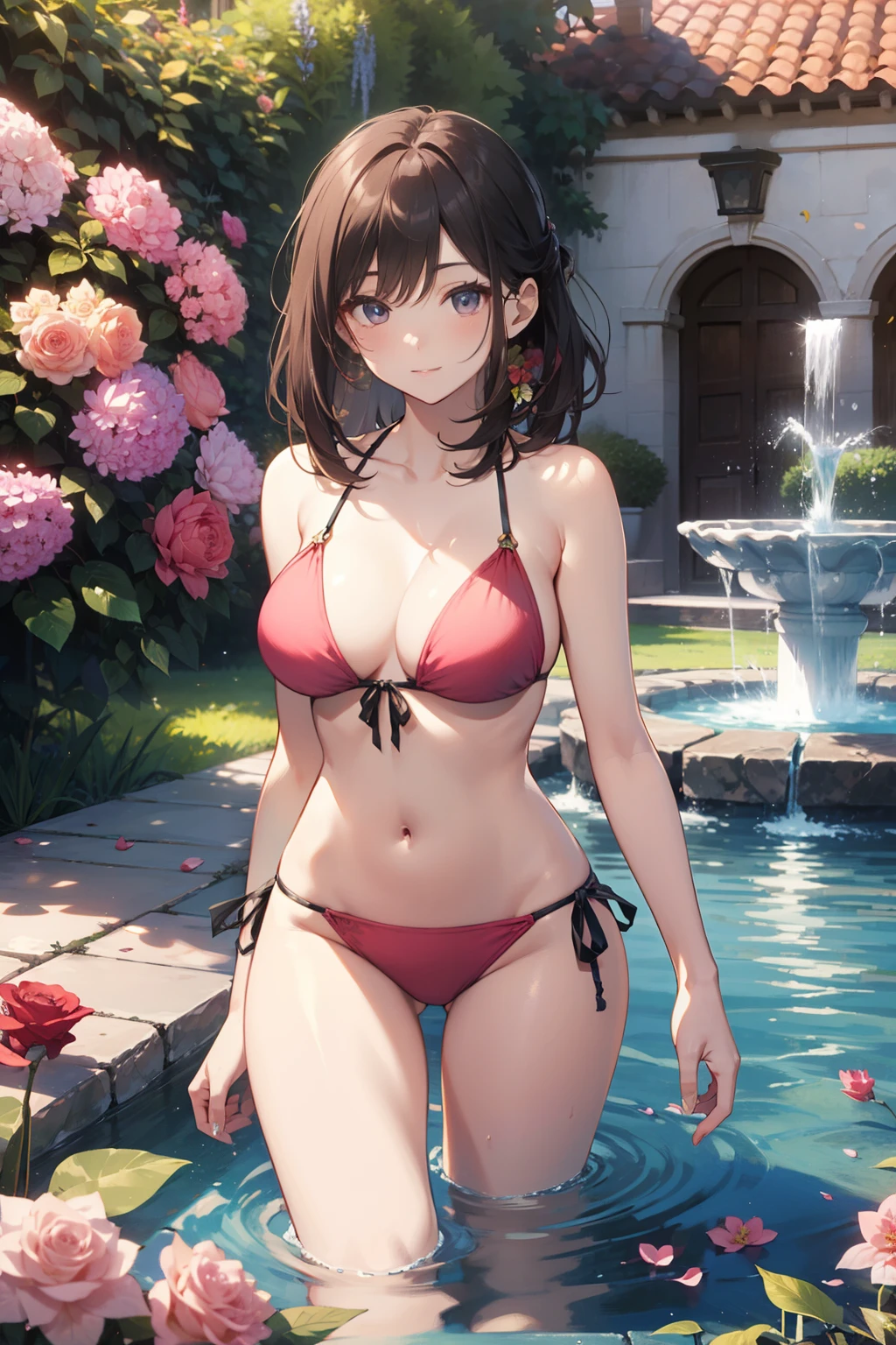 top-quality、Full limbs、complete fingers、Beautiful 25 year old woman、Slender beauty、poneyTail、Medium hair、Brown hair、Raw feet、bikini in pink color、Beautiful Large Breasts、flower garden、lawn、Rose Garden、The fountain、Walking