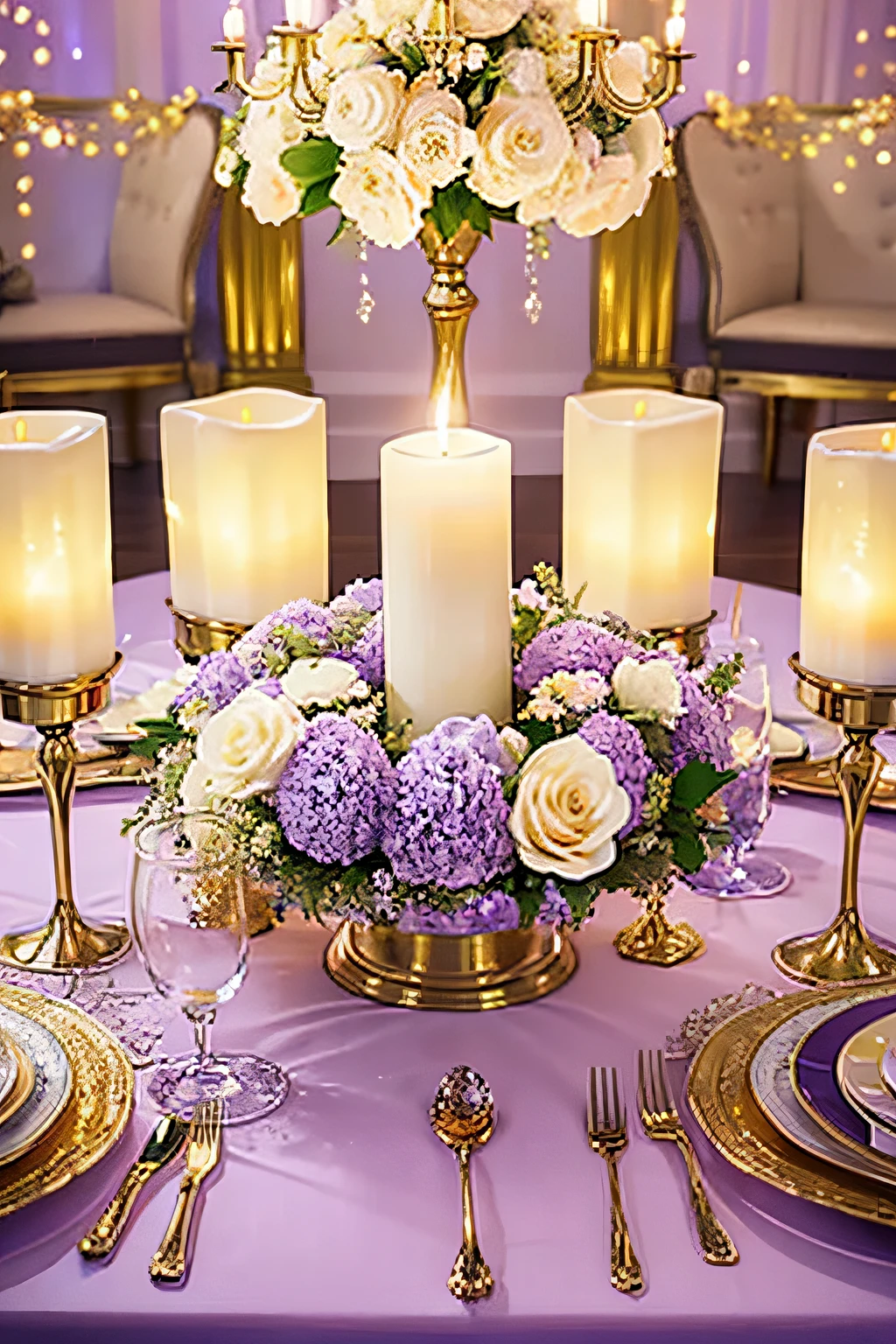 a close up of a table with a bunch of flowers and candles, luxurious wedding, glamorous setting, centerpiece, centerpiece symmetry, beautiful ambiance, lavishly decorated, beautiful ambience, gold and white themed, glittery wedding, romantic themed, elegant intricate, flower decorations, fairy tale setting, violet colored theme, beautiful lighting; beautiful flowers and crystals