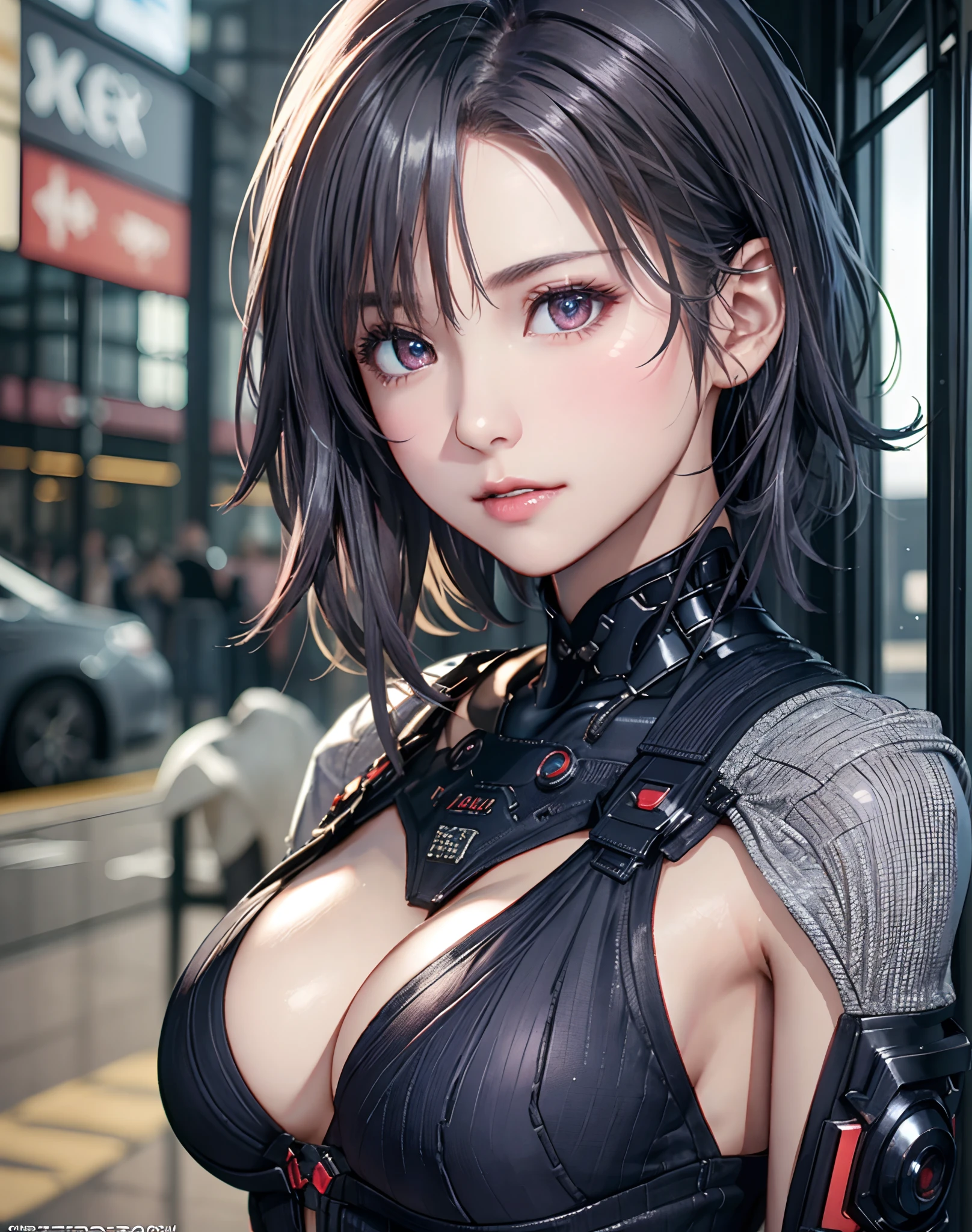 (8K, Photorealistic, Raw photo, of the highest quality: 1.3), (1girl in), Super beautiful, (Realistic face), (boyish, Silver Color Berry Shorthair), Beautiful cyberpunk suit, Glare that captivates the viewer, Beautiful expression, Beautiful breasts, (Realistic skin), Beautiful...