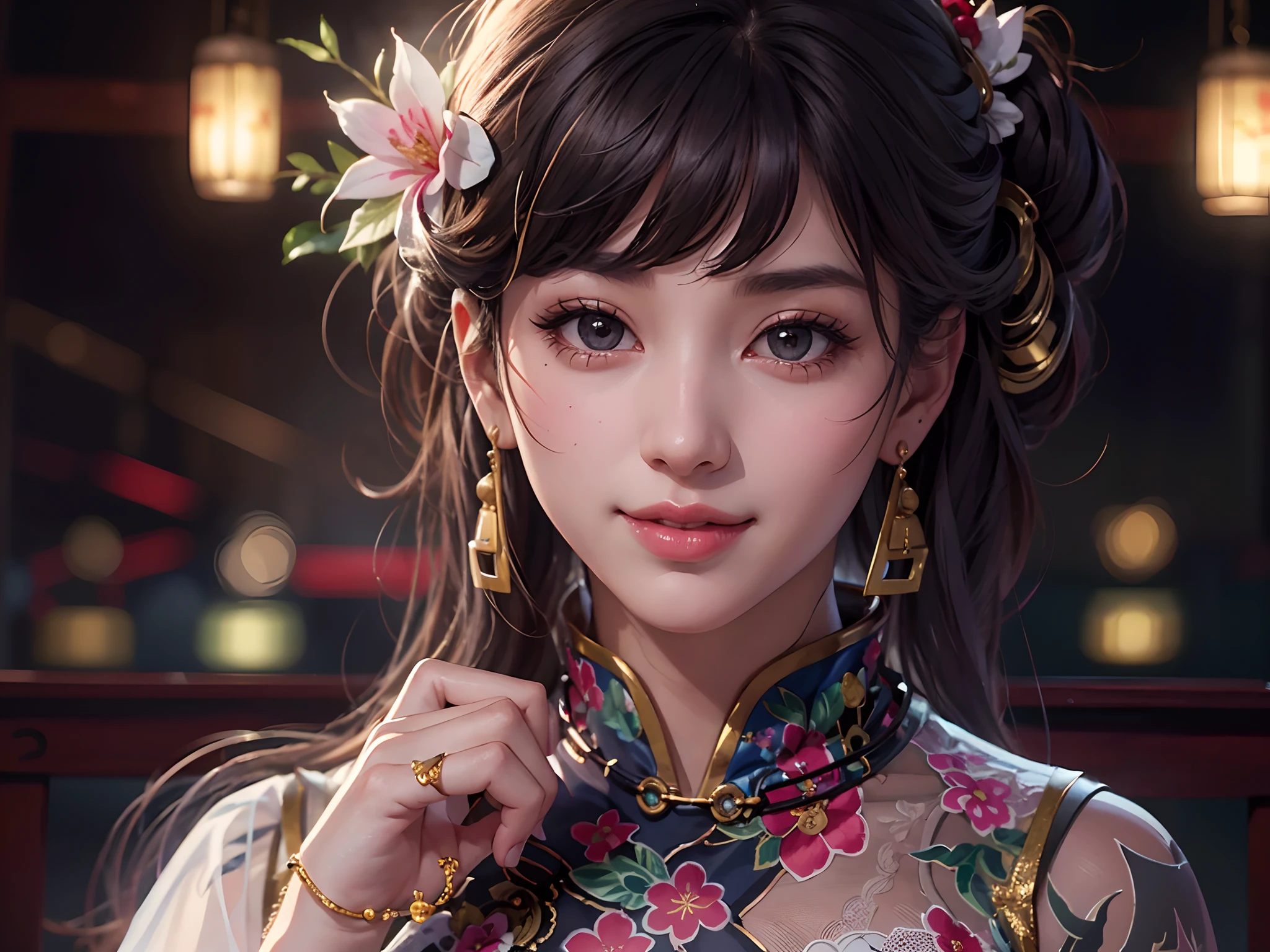 Best Quality, masutepiece, hight resolution, 1girl in, Transparent Silk Cheongsam, Beautiful face, Hair Ornament, Looking at Viewer, Smile, Closed mouth,Lips, Dress,Hair Ornament, Necklace, Jewelry, Long hair, earrings, Beautiful face,Inserting a into the_Body, Tindall Effect,Photorealistic, Dark Studio, Rim lighting, two tone lighting,(High detailed skin:1.2), 8K UHD, Digital SLR, Soft lighting, High quality, Volumetric lighting, Candid, photograph, High resolution, 4K, 8K, Bokeh
