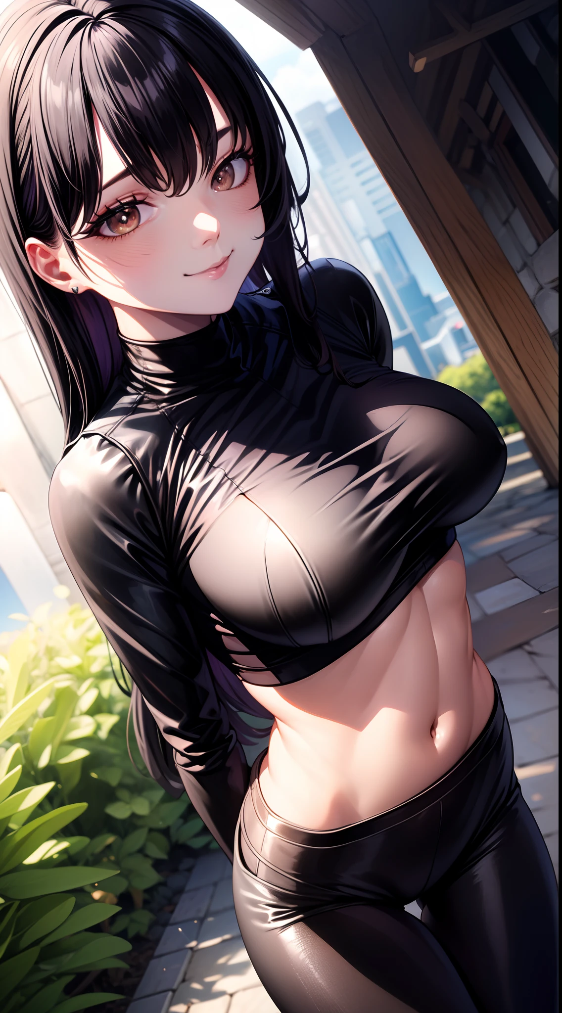 8k, highres, ultra detailed, (masterpiece:1.4), best quality, symmetrical body, (Black leather crop top with deep v-neckline:1.4), (black leather leggins:1.4), choker, cute, solo, earrings, long hair, dark purple hair, Brown eyes, glow effect, finely eye, wide smile, detailed face, looking at viewer, smilling at viewer, in the park, angled view, big breasts, seductive look