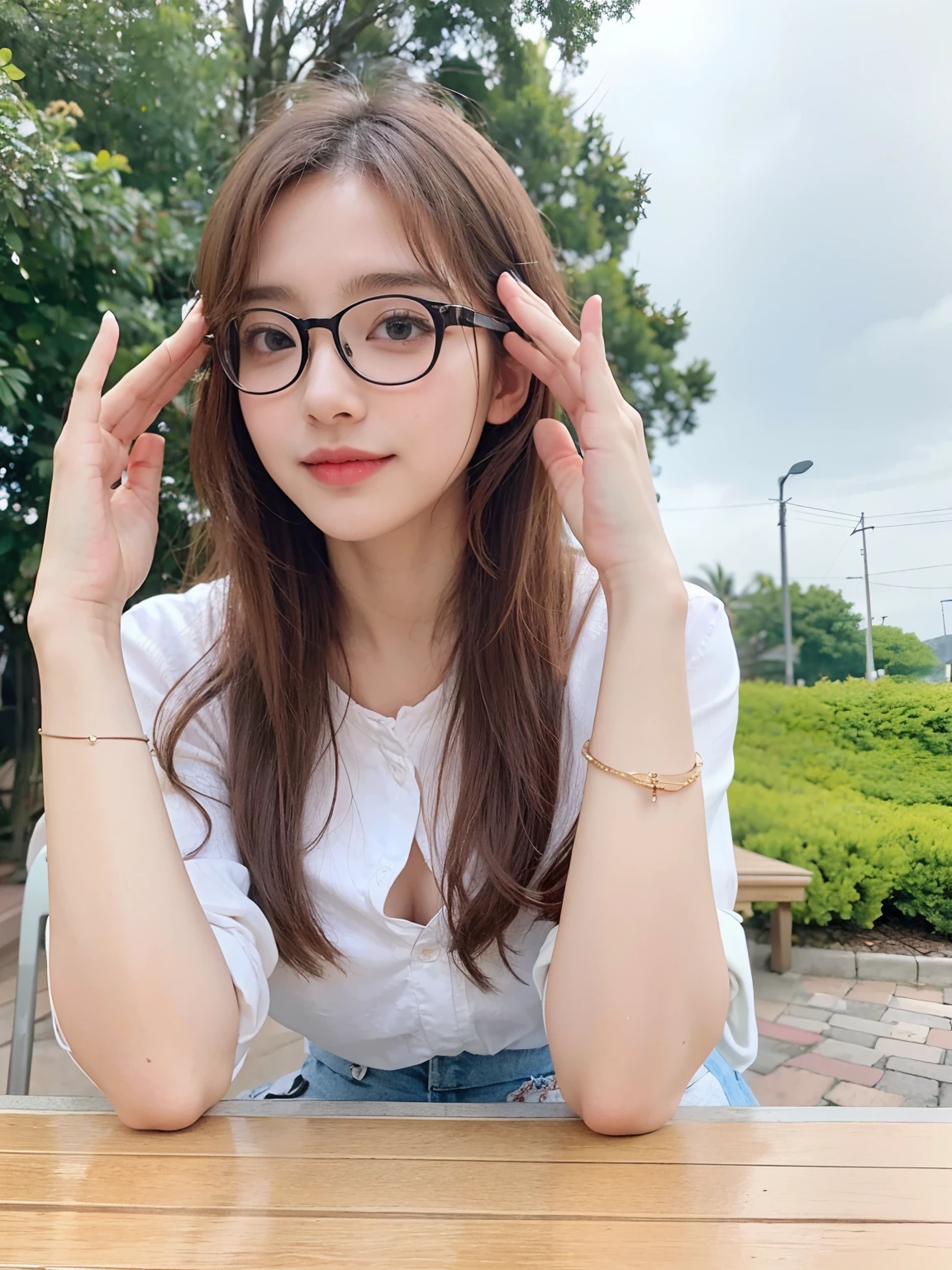 there is a woman sitting at a table with her hands on her head, with glasses, wearing thin large round glasses, belle delphine, chiho, 19-year-old girl, with square glasses, young and cute girl, 奈良美智, f / 1. 9 6. 8 1 mm iso 4 0, Best picture quality, masterpiece, ultra high resolution, 8k, cleavage, big boobs, bust detail, hair detail, eye detail, sharp eyes, thin smile, professional lighting