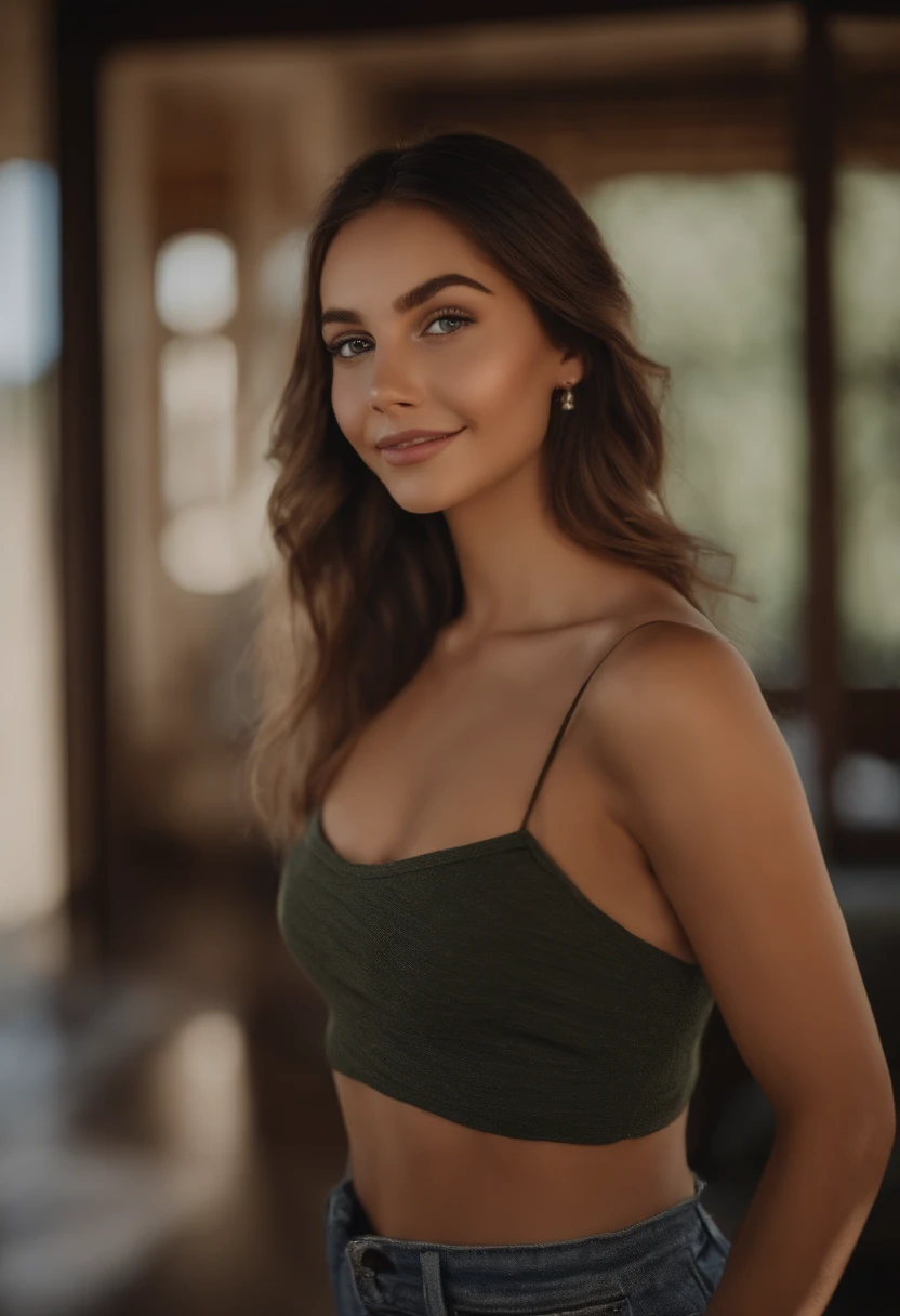 a young smiling woman is standing, arafed woman fully , sexy girl with brown eyes, ultra realistic, meticulously detailed, portrait sophie mudd, brown hair and large eyes, selfie of a young woman, , violet myers, without makeup, natural makeup, looking directly at the camera, face with artgram, subtle makeup, stunning full body shot , in bedroom, medium to large size bust, celebrity photography, youthful energy, zigzags, vibrant, lively, california plein air.