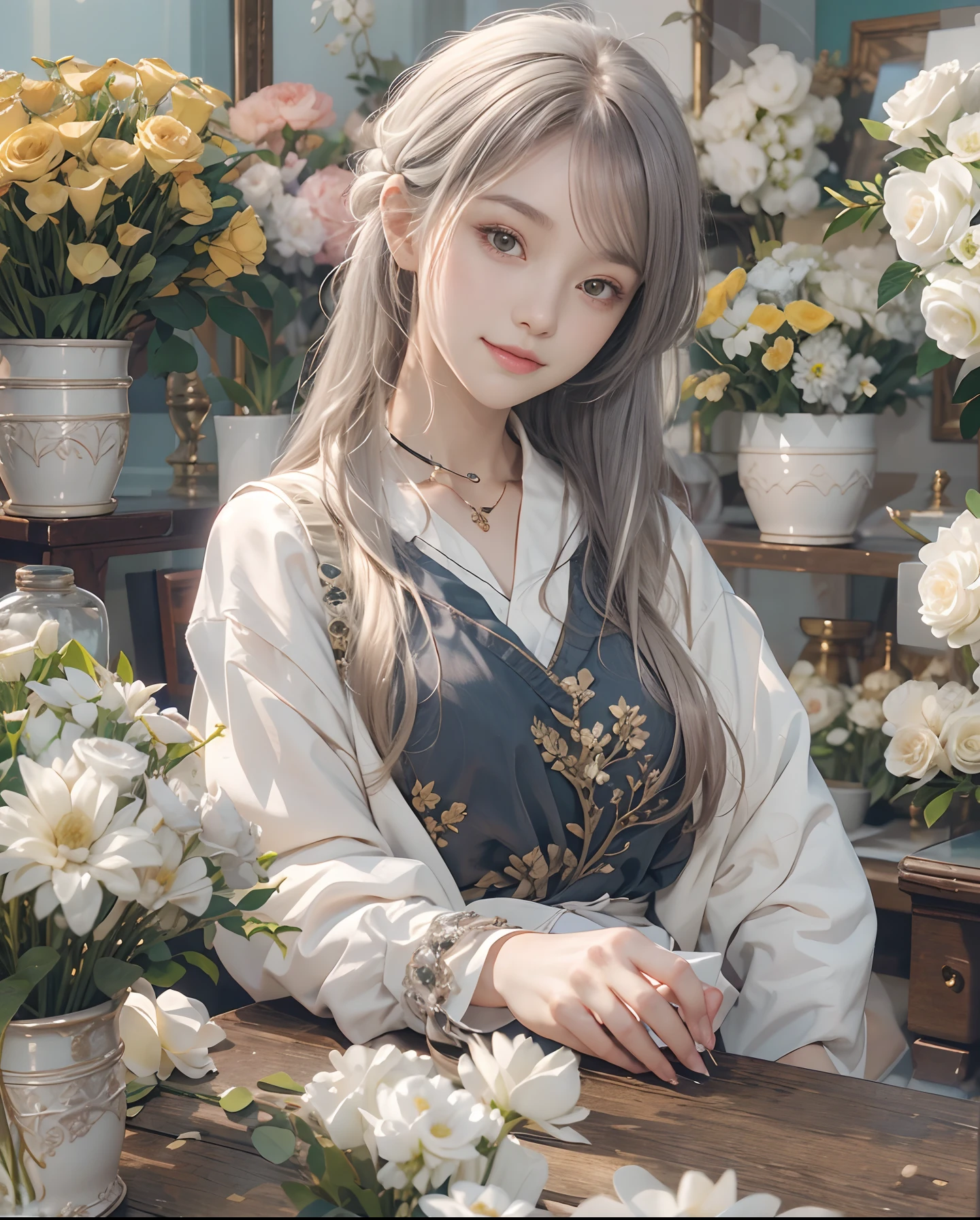 masutepiece、hight resolution、Florist clerk、30-year-old girl、1Girl clerk、Looking at the camera、smil、Finish as shown in the photo、Flowers and girls、the skin is white and beautiful、Hair is long and beautiful、inner colored、Hair should be tied back、A slender、Paws are thin and beautiful