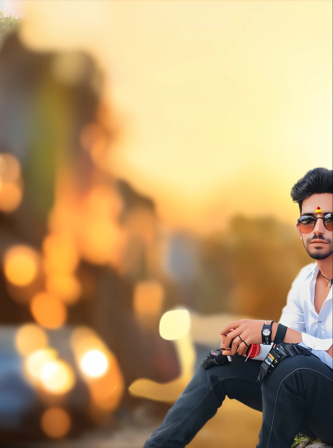 araffe sitting on a rock with a camera in his hand, stylish pose, casual photography, with a cool pose, very artistic pose, jayison devadas style, with sunset, background blur, inspired by Saurabh Jethani, photography hight quality, by Daryush Shokof, cinematic shoot, mohamed chahin style, candid pictures
