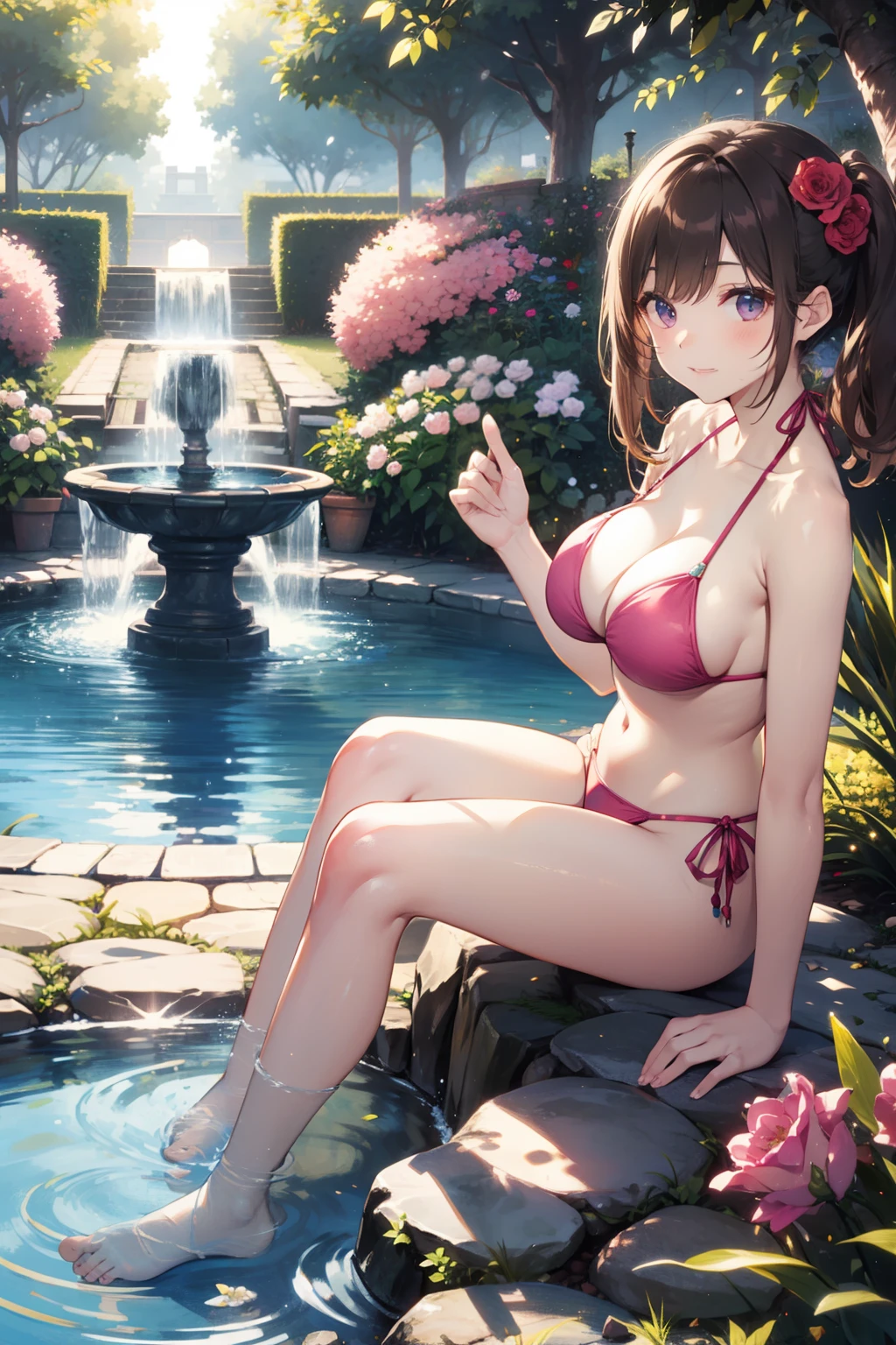 top-quality、Full limbs、complete fingers、Beautiful 25 year old woman、Slender beauty、poneyTail、Medium hair、Brown hair、Raw feet、bikini in pink color、Beautiful Large Breasts、flower garden、lawn、Rose Garden、The fountain