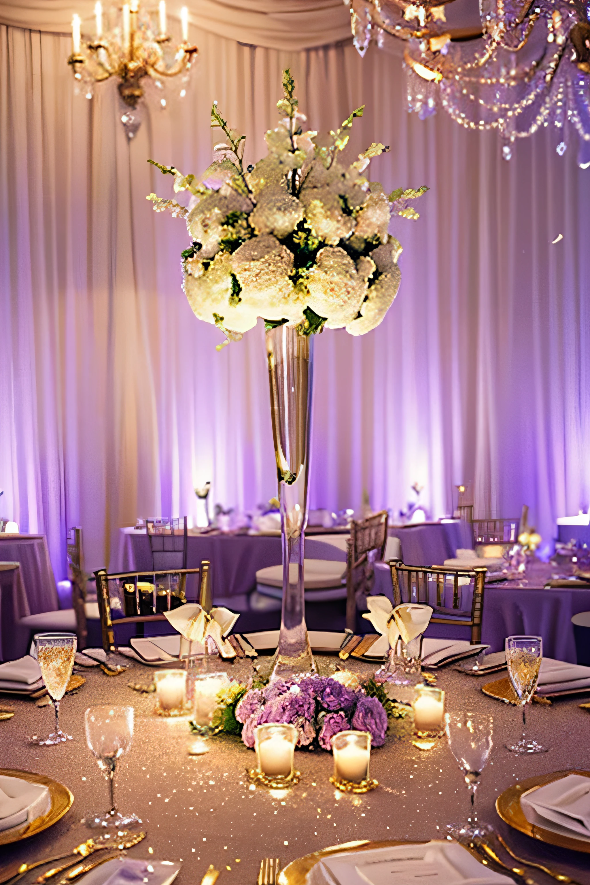a close up of a table with a bunch of flowers and candles, luxurious wedding, glamorous setting, centerpiece, centerpiece symmetry, beautiful ambiance, lavishly decorated, beautiful ambience, gold and white themed, glittery wedding, romantic themed, elegant intricate, flower decorations, fairy tale setting, violet colored theme, beautiful lighting; beautiful flowers and crystals