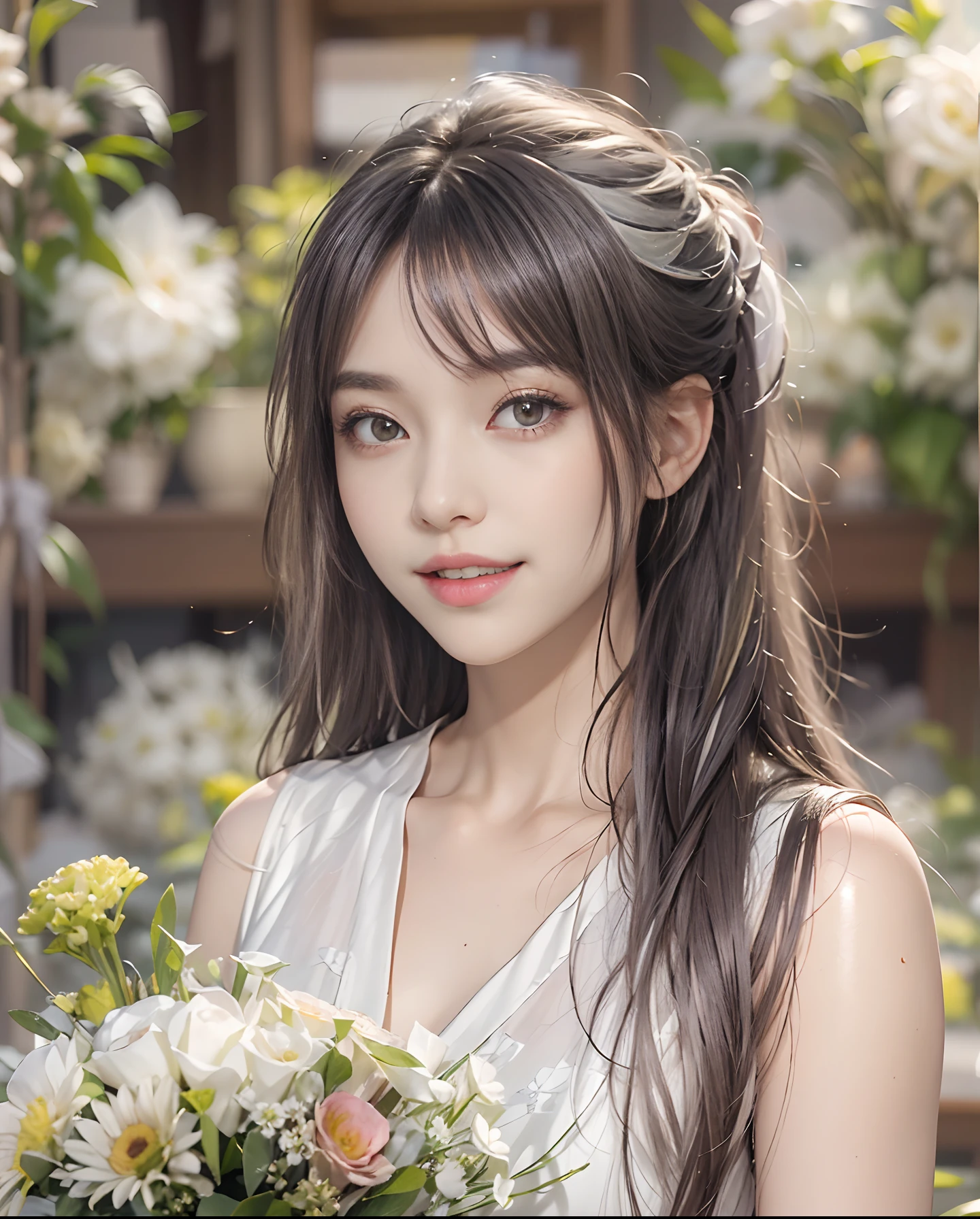 masutepiece、hight resolution、Florist clerk、30-year-old girl、１Girl clerk、Looking at the camera、smil、Finish as shown in the photo、Flowers and girls、the skin is white and beautiful、Hair is long and beautiful、inner colored、Hair should be tied back、A slender、Paws are thin and beautiful