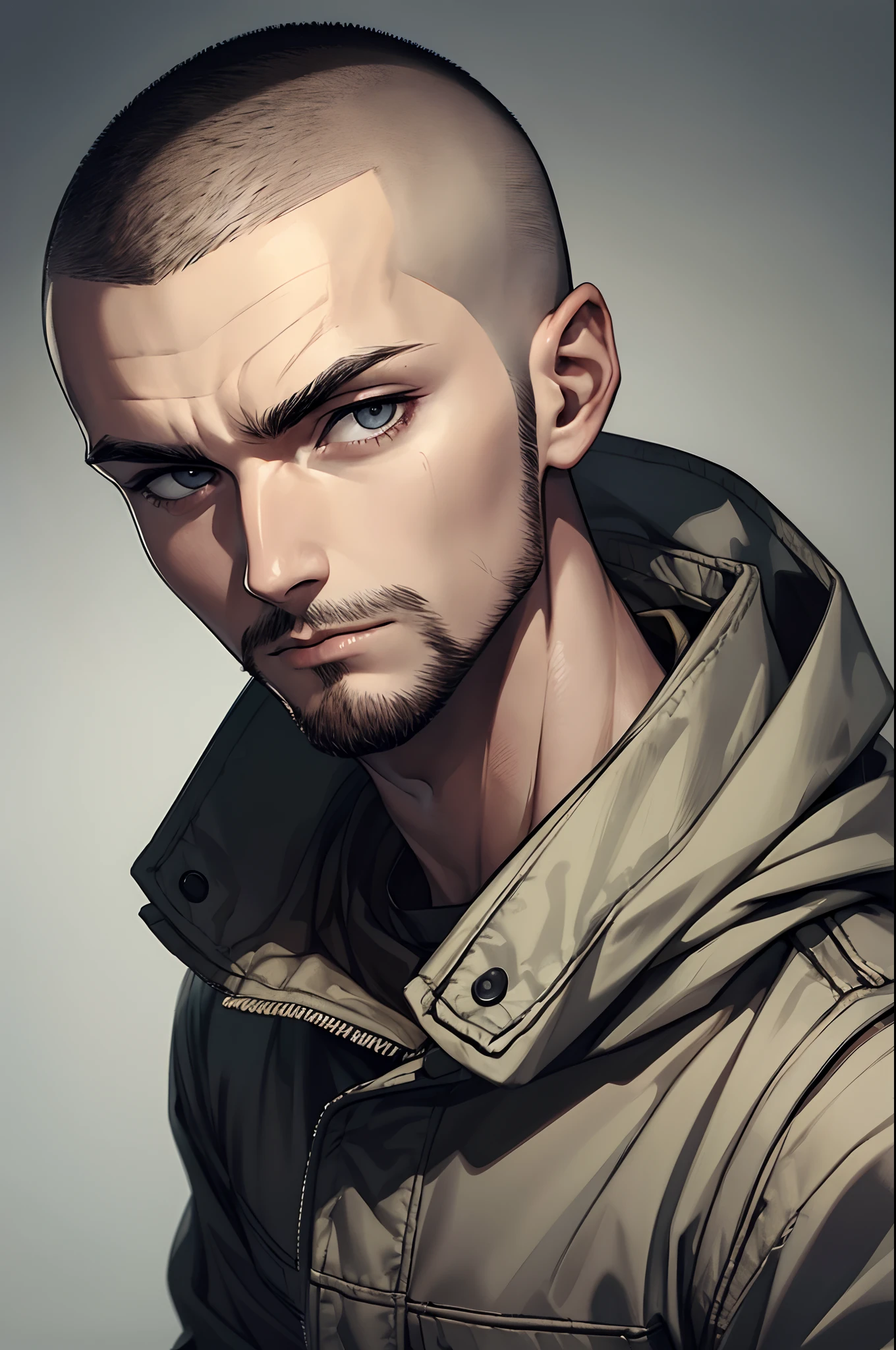 A man with buzzcut, very short hair. head and dismal gloomy look on his face, slight facial hair.