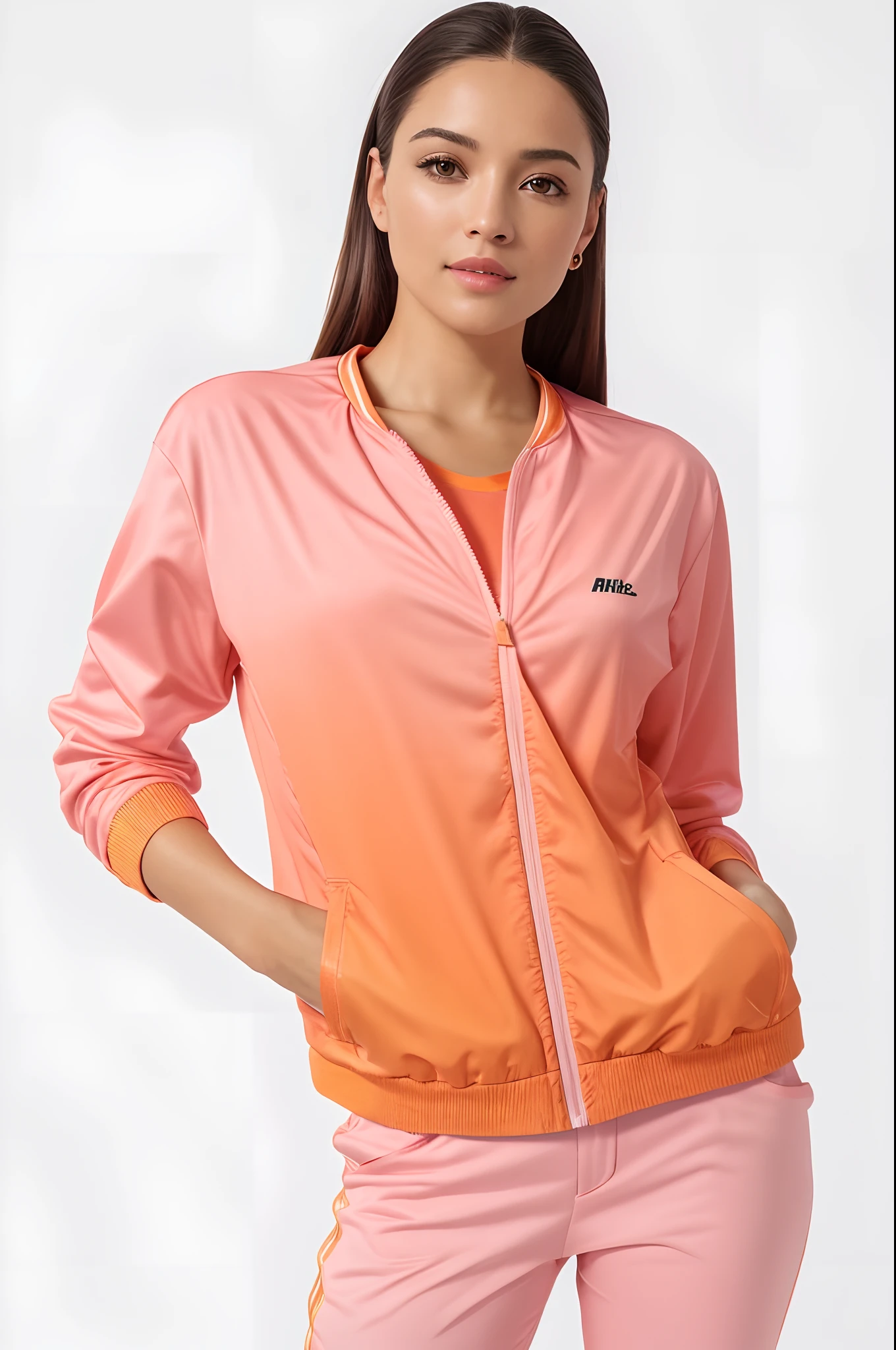a woman in a pink jacket and pink pants posing for a photo, jaqueta laranja, Hodie Mihi Cras Tibi, suit jacket, roupas esportivas, jaqueta esportiva, roupas esportivas, gradiente laranja, Capuz laranja, roupas esportivas fofas, Splendid, wearing a track suit, vestindo terno de atletismo, agasalho esportivo, gradiente laranja, stunning gradient colors, 4 0 9 6, peach blossom, fotografia realista, fotografia, obra-prima, realista, Realismo, renderizado, Alto contraste, Arte Digital, fotográficorealista, trend in Artstation 8k HD, high definiton, circunstanciado, Realistic, detalhada, textura da pele, hiperdetalhada, Textura realista da pele, melhor qualidade, ultra high-resolution, (fotografia realista: 1.4), alta resolução, detalhada, fotografia crua, sharp resolution, Nikon D850 filmes, fotografia de stock 4, Kodak Portra 400 Camera F1 Lens.6, textura hiper realista, lighting dramatic, Unrealistic trend in Artstation Cinestill 800, ....RAW.