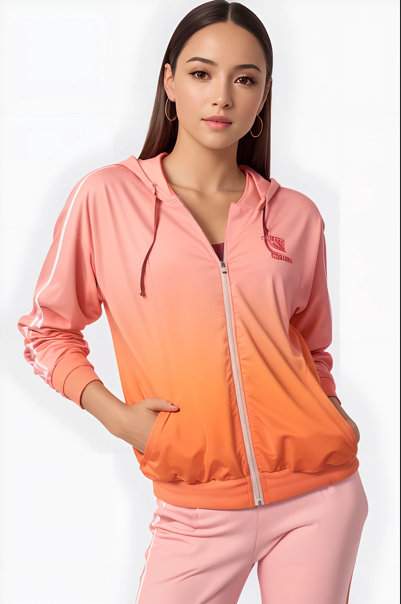 a woman in a pink jacket and pink pants posing for a photo, jaqueta laranja, Hodie Mihi Cras Tibi, suit jacket, roupas esportivas, jaqueta esportiva, roupas esportivas, gradiente laranja, Capuz laranja, roupas esportivas fofas, Splendid, wearing a track suit, vestindo terno de atletismo, agasalho esportivo, gradiente laranja, stunning gradient colors, 4 0 9 6, peach blossom, fotografia realista, fotografia, obra-prima, realista, Realismo, renderizado, Alto contraste, Arte Digital, fotográficorealista, trend in Artstation 8k HD, high definiton, circunstanciado, Realistic, detalhada, textura da pele, hiperdetalhada, Textura realista da pele, melhor qualidade, ultra high-resolution, (fotografia realista: 1.4), alta resolução, detalhada, fotografia crua, sharp resolution, Nikon D850 filmes, fotografia de stock 4, Kodak Portra 400 Camera F1 Lens.6, textura hiper realista, lighting dramatic, Unrealistic trend in Artstation Cinestill 800, ....RAW.