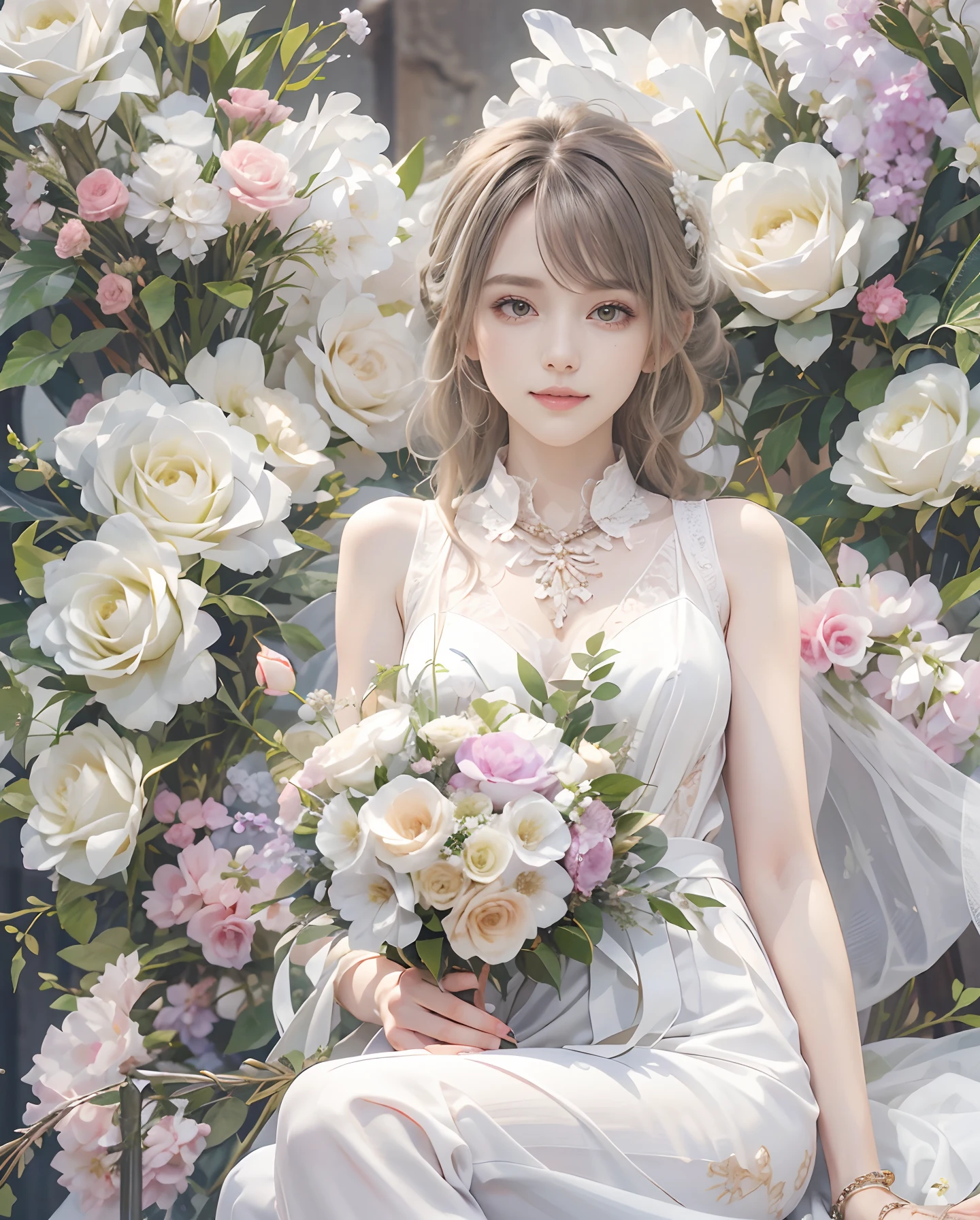 masutepiece、hight resolution、Florist clerk、30-year-old girl、１Girl clerk、Looking at the camera、smil、Finish as shown in the photo、Flowers and girls、the skin is white and beautiful、Hair is long and beautiful、inner colored、Hair should be tied back、A slender、Paws are thin and beautiful