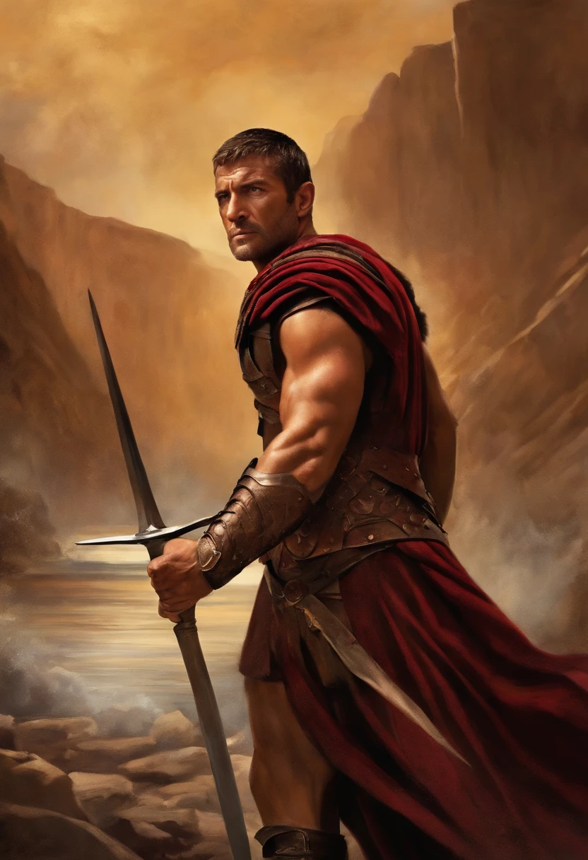 An man holding a sword.an attractive shirtless homoerotic young Michael with a heavy bulge in his naked overalls. ruggedly handsome french settler. highly detailed symmetrical painting by gaston bussiere, craig mullins, j. c. leyendecker, alphonse mucha. cinematic epic + rule of thirds. cinematic composition. concept art. ultra wide angle. 35mm. 8 k, masterpiece, best quality, highres, realistic, twink, chest hair, mustache, whole body, see-through