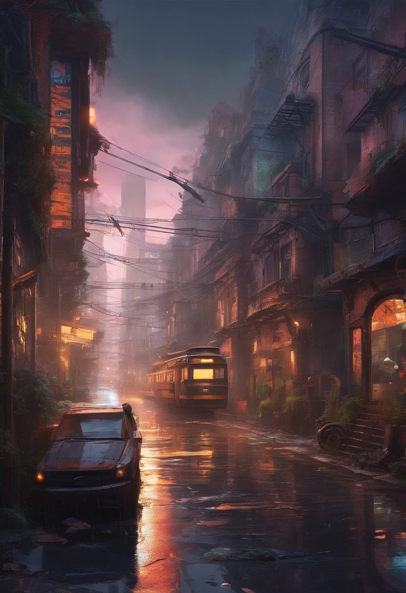 best quality,4k,8k,highres,masterpiece:1.2,ultra-detailed,realistic:1.37,cidade de zaun da serie arcane, portraits,anime,landscape,(vibrant, vibrant colors),(eerie lighting,eerie atmosphere),gritty cyberpunk city,beautifully detailed characters and architecture,neon lights reflecting on wet streets,thick smog enveloping the scene,ramshackle buildings with rusted metal and broken windows,steampunk elements mixed with futuristic technology,dark alleyways filled with mysterious figures,overgrown plants and vines creeping up walls,steam rising from vents and grates,graffiti-covered walls with dystopian messages,dark and moody color palette,shadows cast by flickering streetlights,imposing skyscrapers towering over the cityscape,mechanical contraptions and gears scattered throughout the scene,glowing holographic advertisements illuminating the streets,damp and rainy weather,contrasting elements of beauty and decay,steam-powered airships floating in the distance,flying drones and hovering vehicles, crumbling infrastructure, mysterious portals connecting different dimensions.