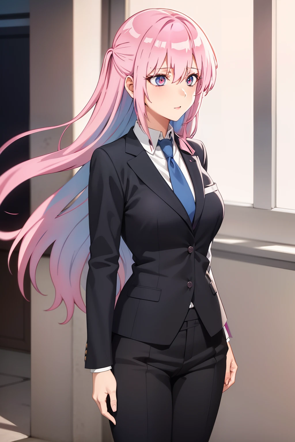 1girl, Shikimori-san, Butler, Tuxedo, tight pants, blue necktie, long hair, pink hair