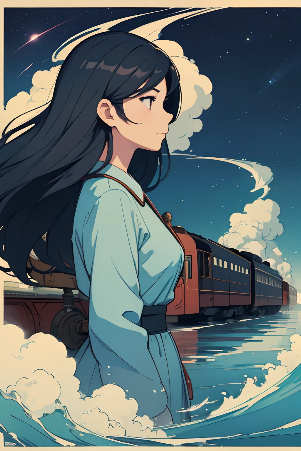 beautiful and asethetic, masterpiece, movie poster, best quality, drawing of a side view of a steam train travelling over water with a celestial sky in the background at night, muted colors, by james jean style