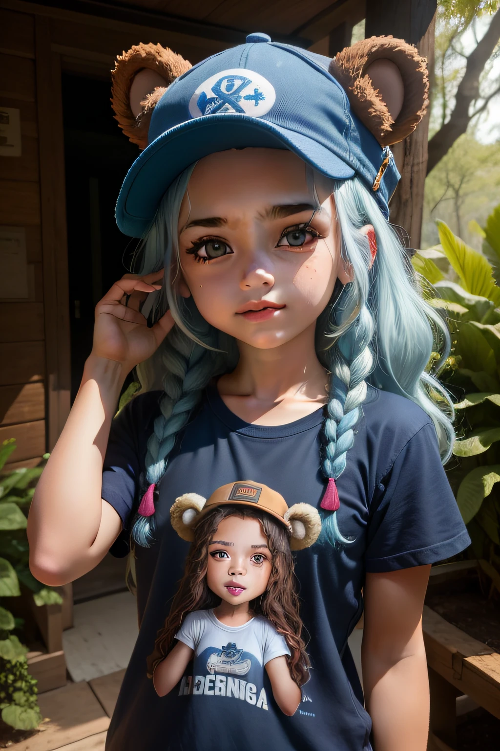 , cabelos loiros, fofo, corpo inteiro, Alegre, Feliz, Realistic, Cartoon, Funko, vestindo camiseta branca e bermuda azul, Crazy hat with bear ears on his head, Realistic, master part, Executando, Floresta,