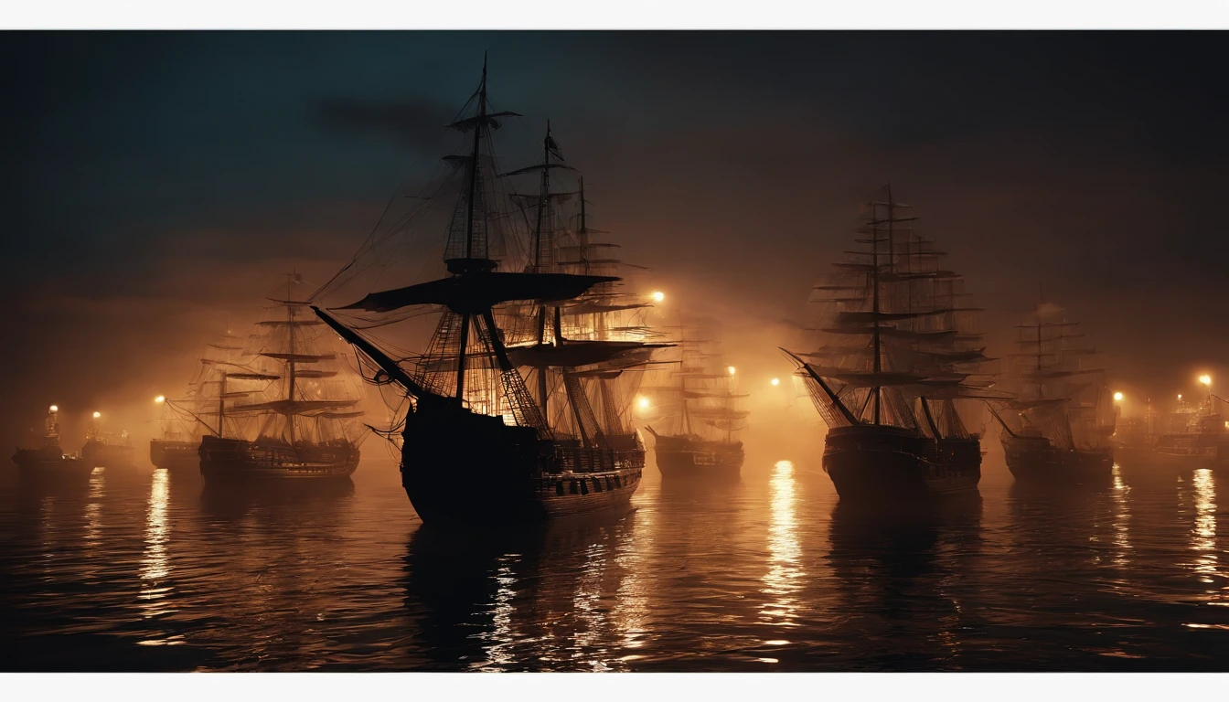 An army of ghost ships in the night. 4k, Ultra realista, Kinematic ::n_Desenho de estilo, Low-quality imperfection, Boneca, jogo, anime