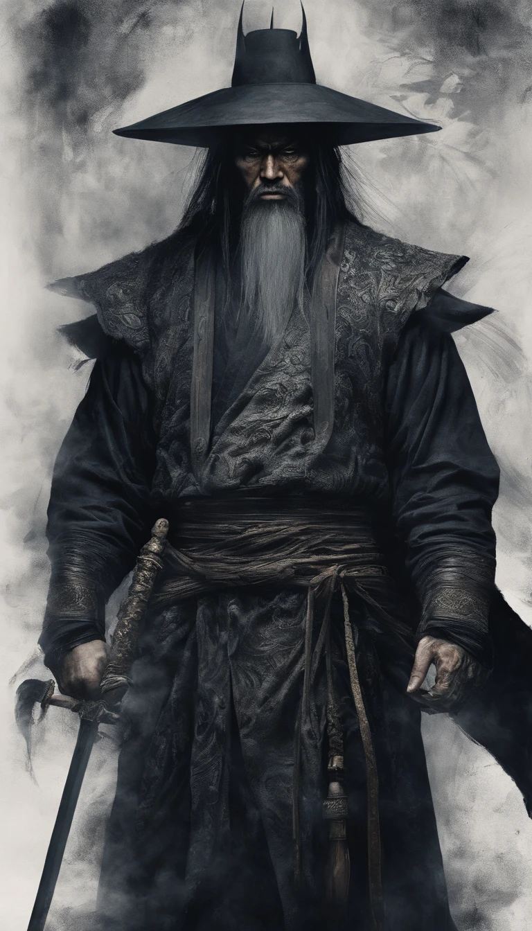 middle aged man, Evil painting style, A high resolution, Black color hair, Half is the body of a demon,Half a demon face, Chinese Warrior, Delicate three-dimensional blue flame demon face, sbeard, Wearing a hat, Expression of anger, Perfect body proportions, kaftan, Black and white robes, A scabbard hangs from his waist, Handsome, The seven-doppelganger has an unobstructed view, standing on your feet, (White background:1.3), swordsman, He held a long knife that was wide and heavy in his hand。。。。。。。。。。。。。。。。。。。。。。, Face the lens, (Blackn clothes:0.8), High detail, Masterpiece, ccurate, Anatomically correct, Textured skin