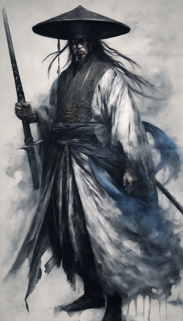 middle aged man, Evil painting style, A high resolution, Black color hair, Half is the body of a demon,Half a demon face, Chinese Warrior, Delicate three-dimensional blue flame demon face, sbeard, Wearing a hat, Expression of anger, Perfect body proportions, kaftan, Black and white robes, A scabbard hangs from his waist, Handsome, The seven-doppelganger has an unobstructed view, standing on your feet, (White background:1.3), swordsman, He held a long knife that was wide and heavy in his hand。。。。。。。。。。。。。。。。。。。。。。, Face the lens, (Blackn clothes:0.8), High detail, Masterpiece, ccurate, Anatomically correct, Textured skin