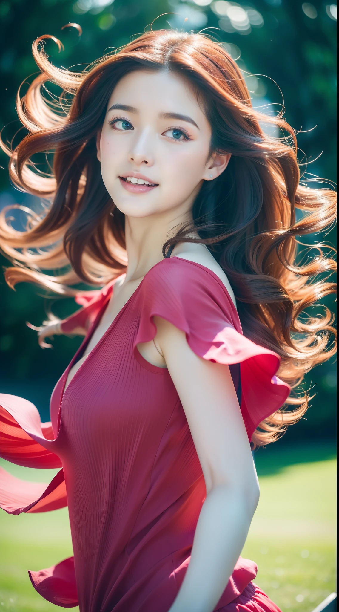 (Best quality,high resolution,Ultra-detailed:1.2), Beautiful blue to red gradient wavy curls fluttering in the breeze, Close-up of a woman jumping high, Vibrant flowers fill the background in a park-like setting, Cinematic style shooting.