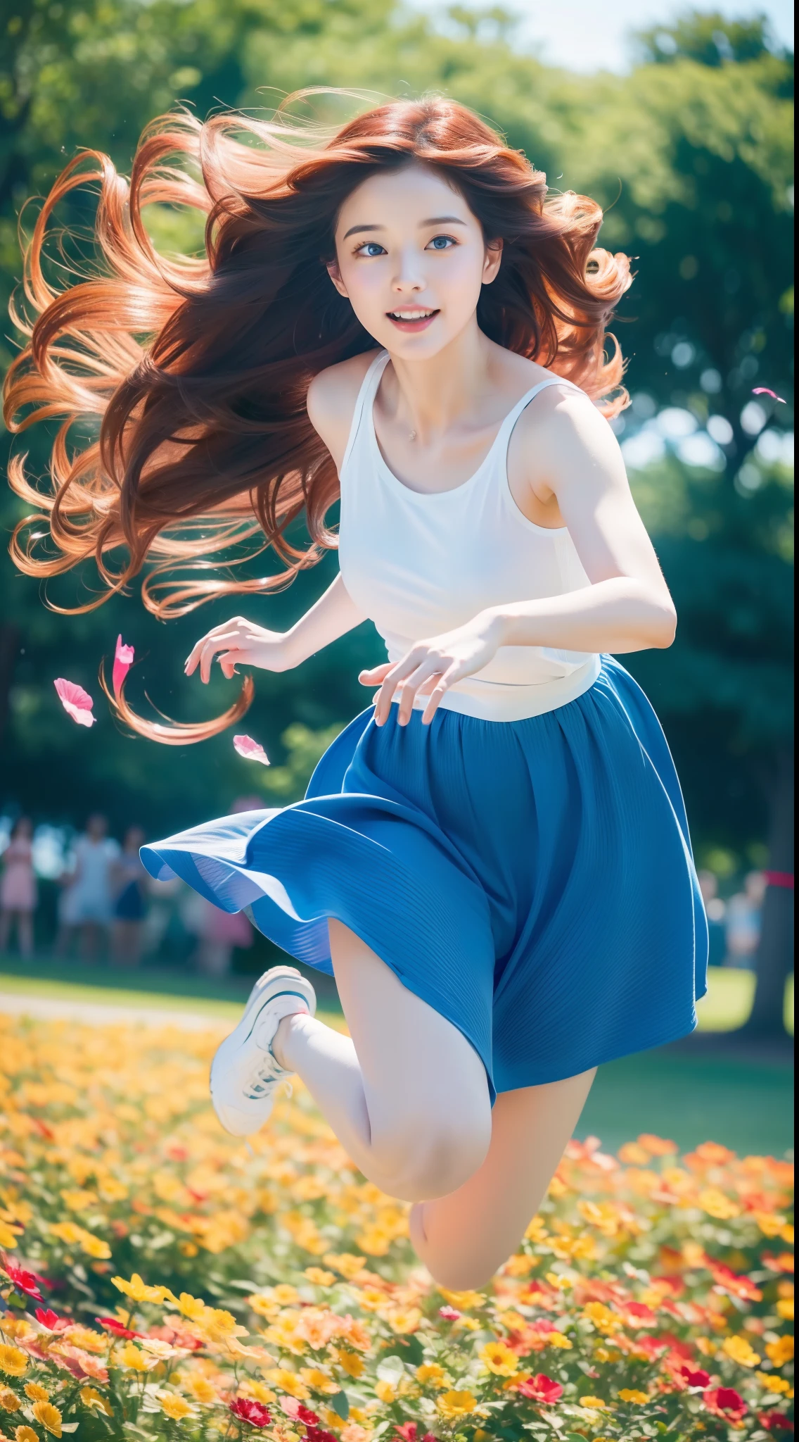 (Best quality,high resolution,Ultra-detailed:1.2), Beautiful blue to red gradient wavy curls fluttering in the breeze, Close-up of a woman jumping high, Vibrant flowers fill the background in a park-like setting, Cinematic style shooting.