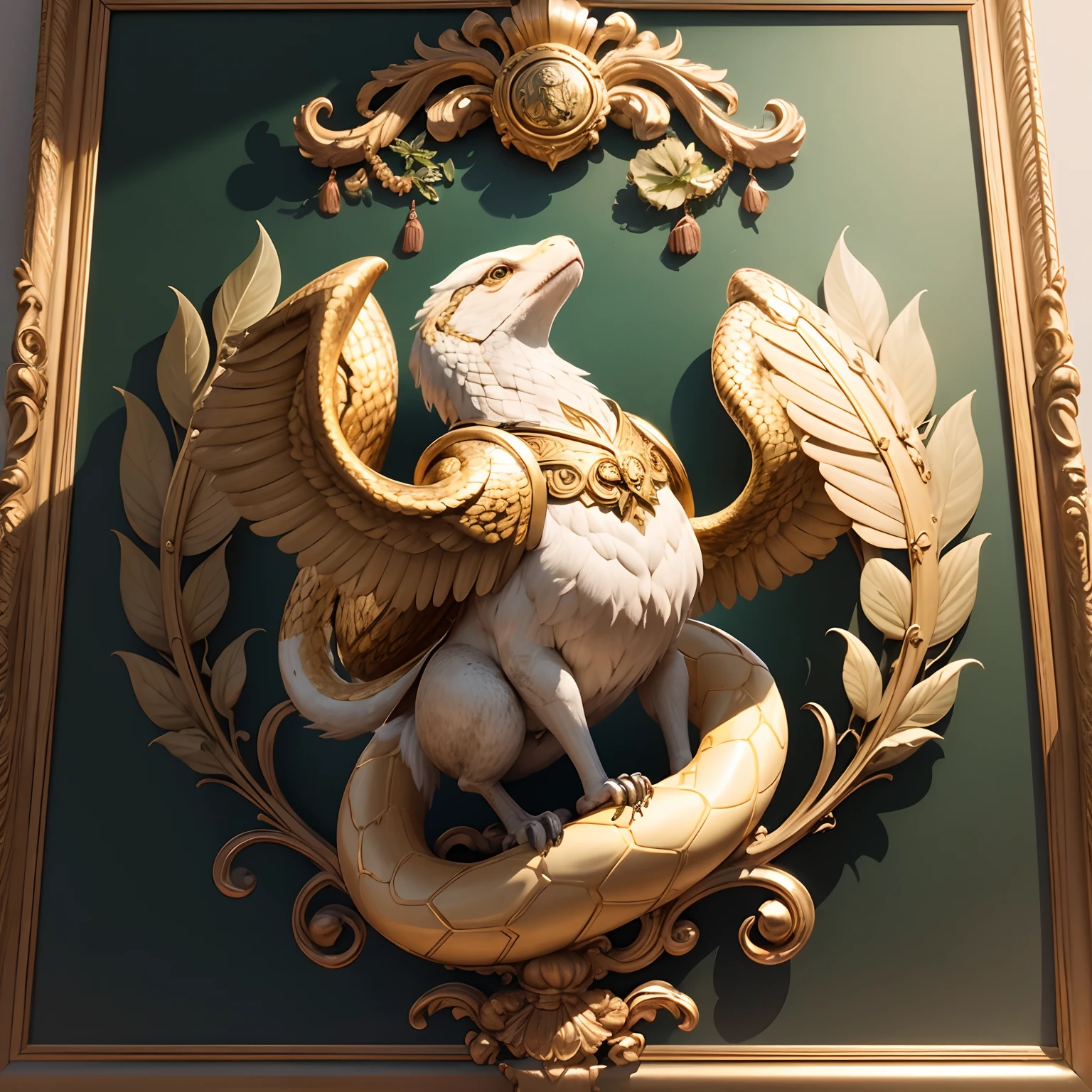 Create a veterinary medicine coat of arms that stands out for its unique and eye-catching details. Incorporate elements that represent dedication to animal health and welfare, as well as medical expertise. Utilize as cores verde, gold and white to convey a sense of passion and dedication. Include the symbol that is already in use. Add bay leaves around the coat of arms. No centro, posicione uma cobra com o corpo enrolado em um cajado, with the letter 'V' formed by Greek beams behind the snake. At the top of the stick, coloque uma pedra verde esmeralda, brilhante e viva. Make sure the stick floats vertically. Use a simple, golden frame around the coat of arms, with bay leaves intertwined in the frame.