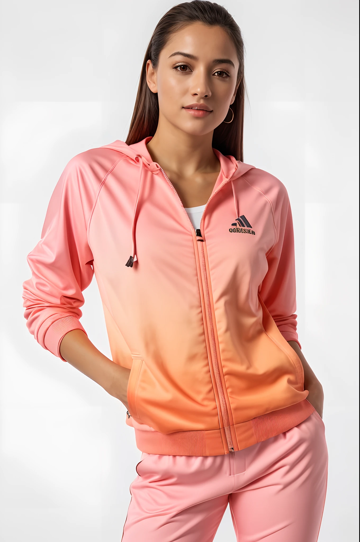 a woman in a pink jacket and pink pants posing for a photo, jaqueta laranja, Hodie Mihi Cras Tibi, suit jacket, roupas esportivas, jaqueta esportiva, roupas esportivas, gradiente laranja, Capuz laranja, roupas esportivas fofas, Splendid, wearing a track suit, vestindo terno de atletismo, agasalho esportivo, gradiente laranja, stunning gradient colors, 4 0 9 6, peach blossom, fotografia realista, fotografia, obra-prima, realista, Realismo, renderizado, Alto contraste, Arte Digital, fotográficorealista, trend in Artstation 8k HD, high definiton, circunstanciado, Realistic, detalhada, textura da pele, hiperdetalhada, Textura realista da pele, melhor qualidade, ultra high-resolution, (fotografia realista: 1.4), alta resolução, detalhada, fotografia crua, sharp resolution, Nikon D850 filmes, fotografia de stock 4, Kodak Portra 400 Camera F1 Lens.6, textura hiper realista, lighting dramatic, Unrealistic trend in Artstation Cinestill 800, .....RAW.