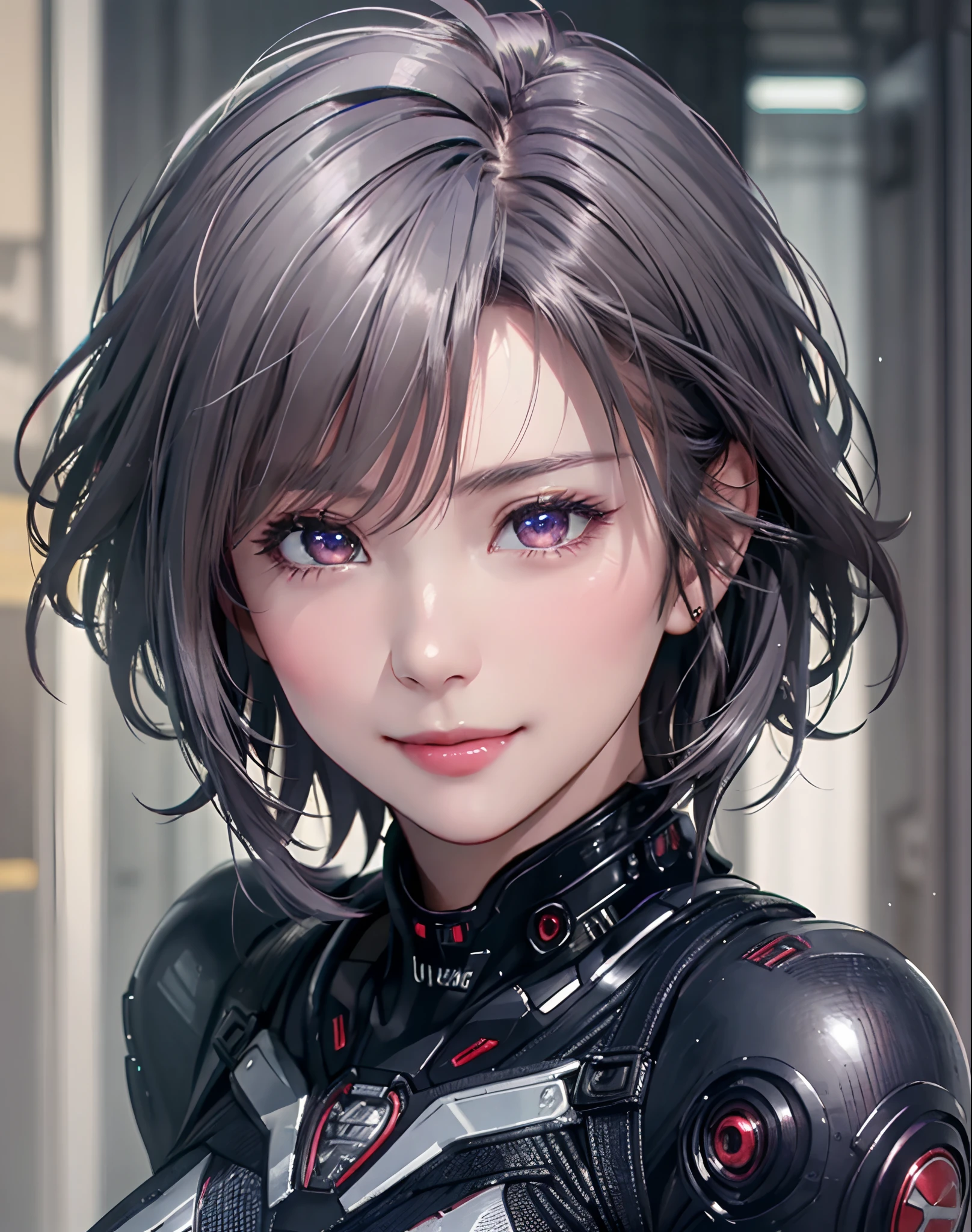 (8k, photorealistic, RAW photo, top quality: 1.4), (1girl), super beautiful, (realistic face), (boyish, silver-colored berry short hair), beautiful cyberpunk suit, glares seducing viewer, beautiful expression, beautiful breasts, (realistic skin), beautiful smile, (soldier), attractive, ultra high resolution, ultra realistic, high definition, spoiled