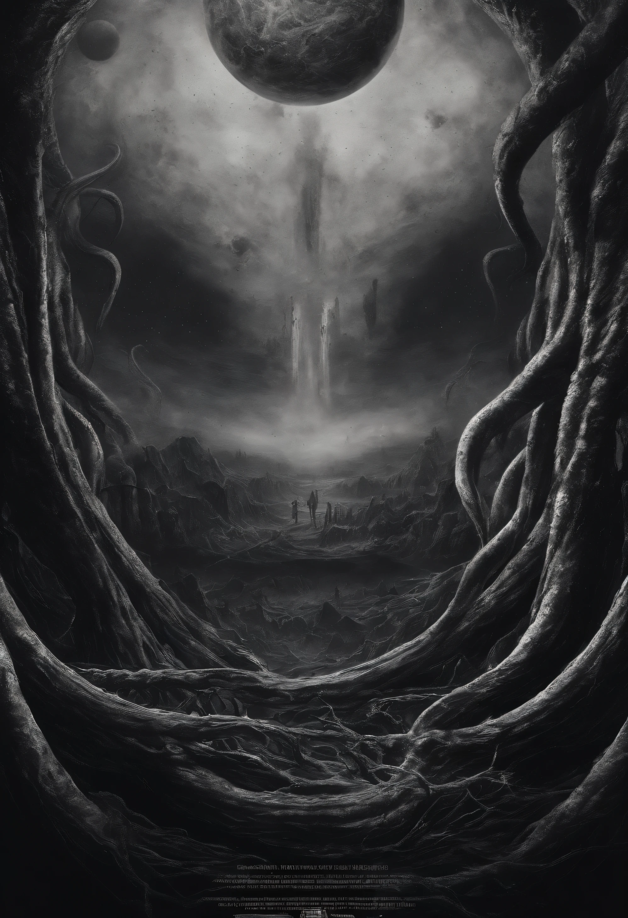 There is a planet in the middle, tentacles in universe, lovecraftian inspiration, Lovecraftian cosmic fear, lovecraftian hellscape, fantasy and cosmic horror, Lovecraftian atmosphere, lovecraftian, a planet in open space