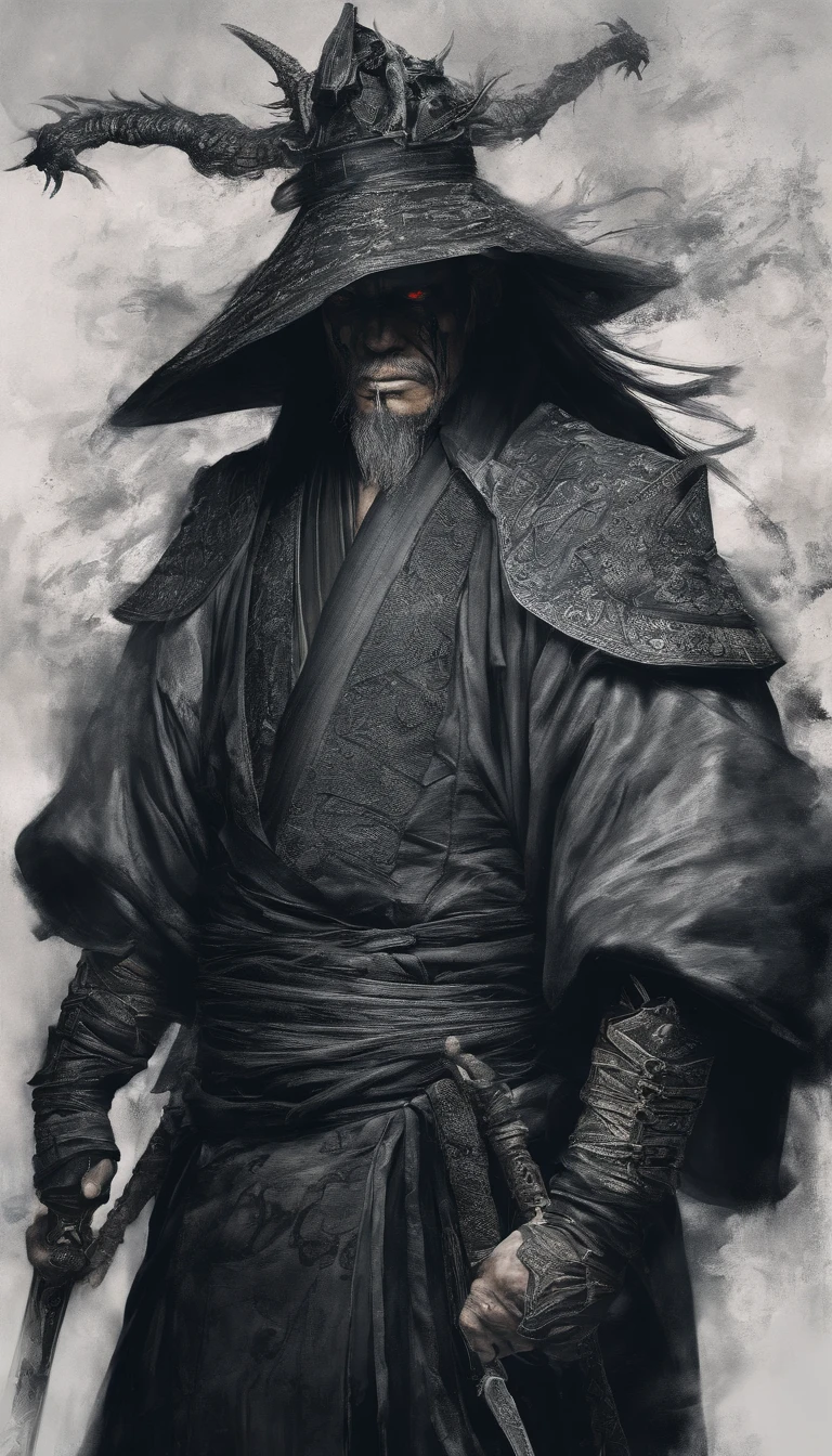 middle aged man, Evil painting style, A high resolution, Black color hair, Half is the body of a demon，Half a demon face, Chinese Warrior, Delicate three-dimensional blue flame demon face, sbeard, Wearing a hat, Expression of anger, Perfect body proportions, kaftan, Black and white robes, A scabbard hangs from his waist, Handsome, The seven-doppelganger has an unobstructed view, standing on your feet, （White background：1.3）, swordsman, He held a long knife that was wide and heavy in his hand。。。。。。。。。。。。。。。。。。。。。。。, Face the lens, （Blackn clothes：0.8）, High detail, Masterpiece, ccurate, Anatomically correct, Textured skin