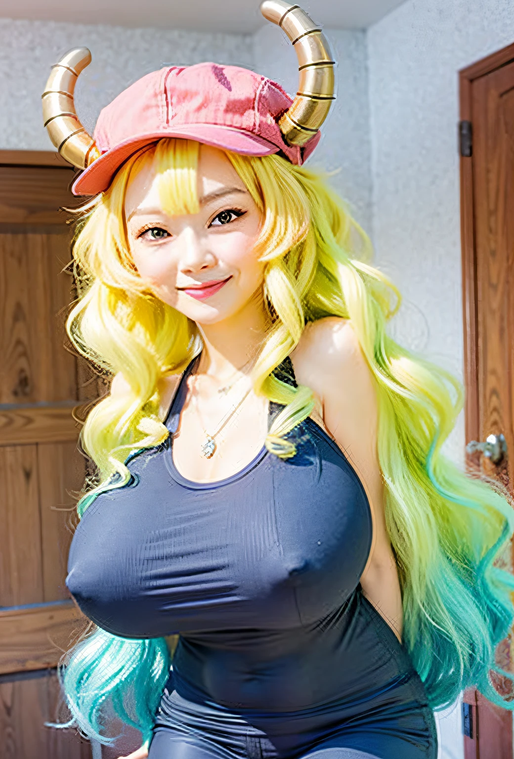 A pretty asian woman smiling with big boobs wearing a pink hat with brown horns, ultra realistic, high quality, detailed face